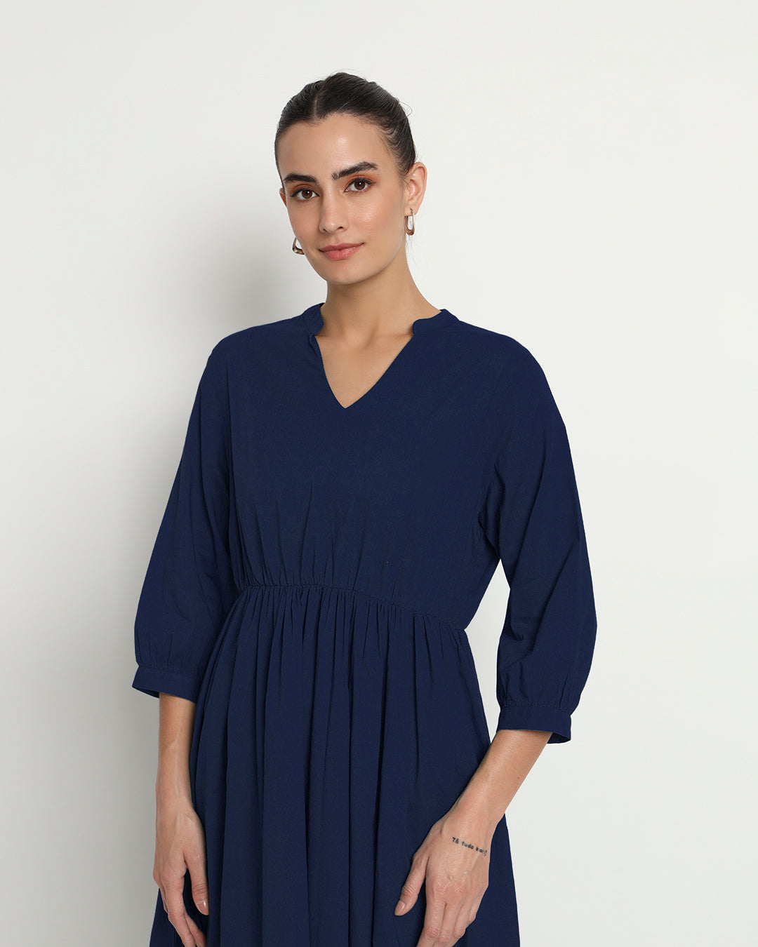 Midnight Blue Gathered V-Neck Stretch Dress