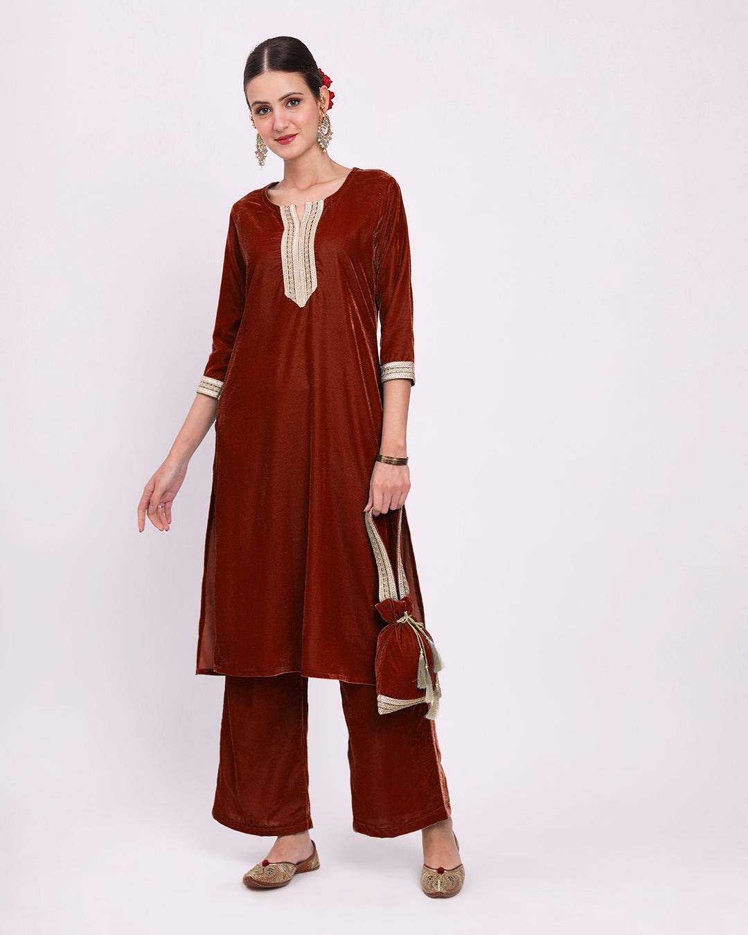 Russet Red Artisanal Glitz Velvet Kurta (Without Bottoms)