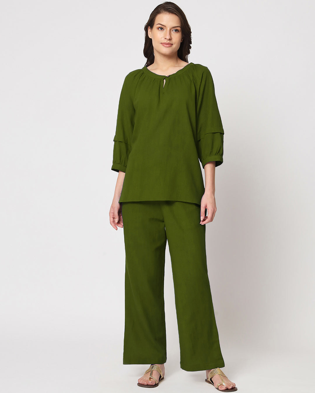 Greening Spring Button Neck Solid Top (Without Bottoms)