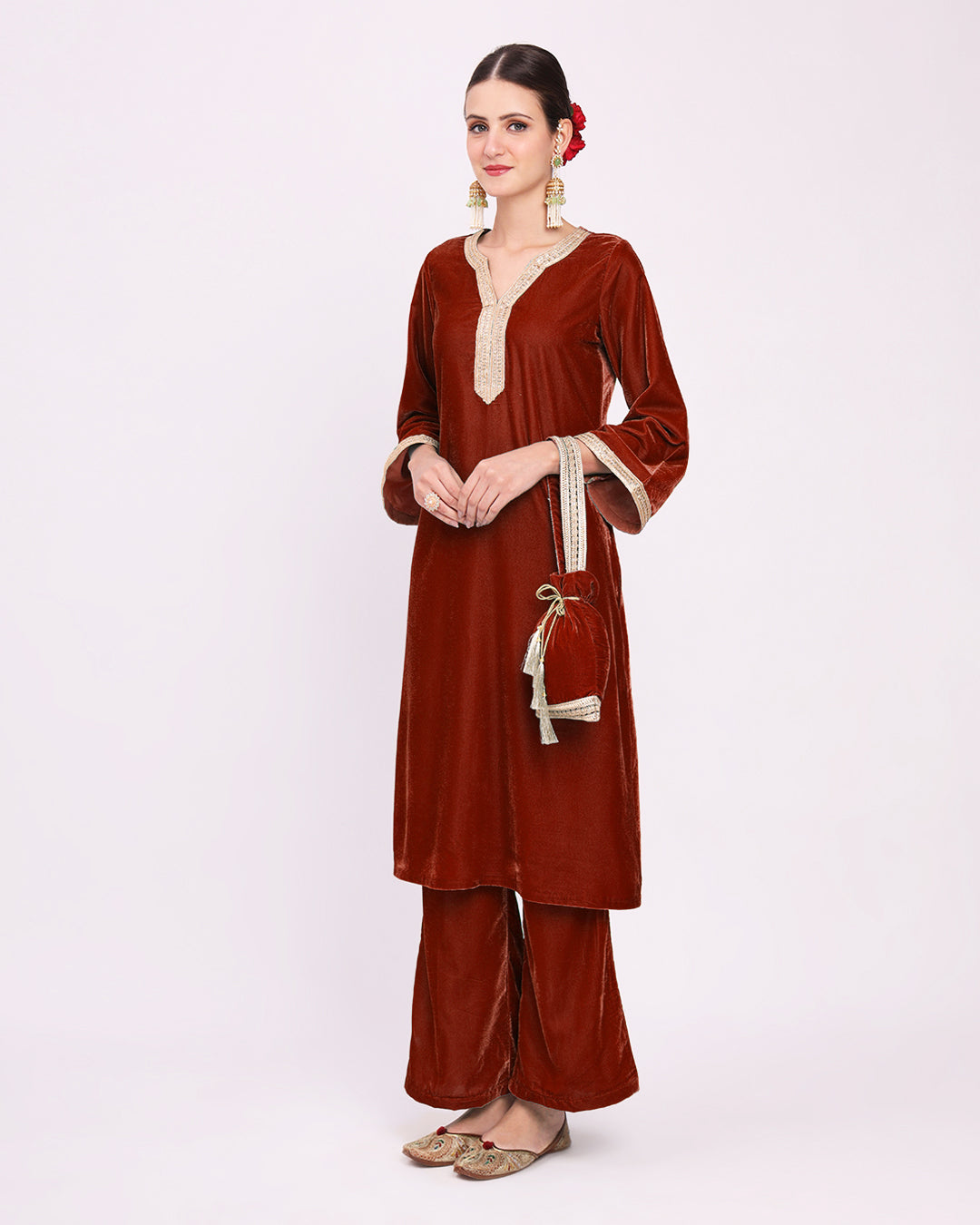 Russet Red Glimmer Crafted Luxe Velvet Kurta (Without Bottoms)