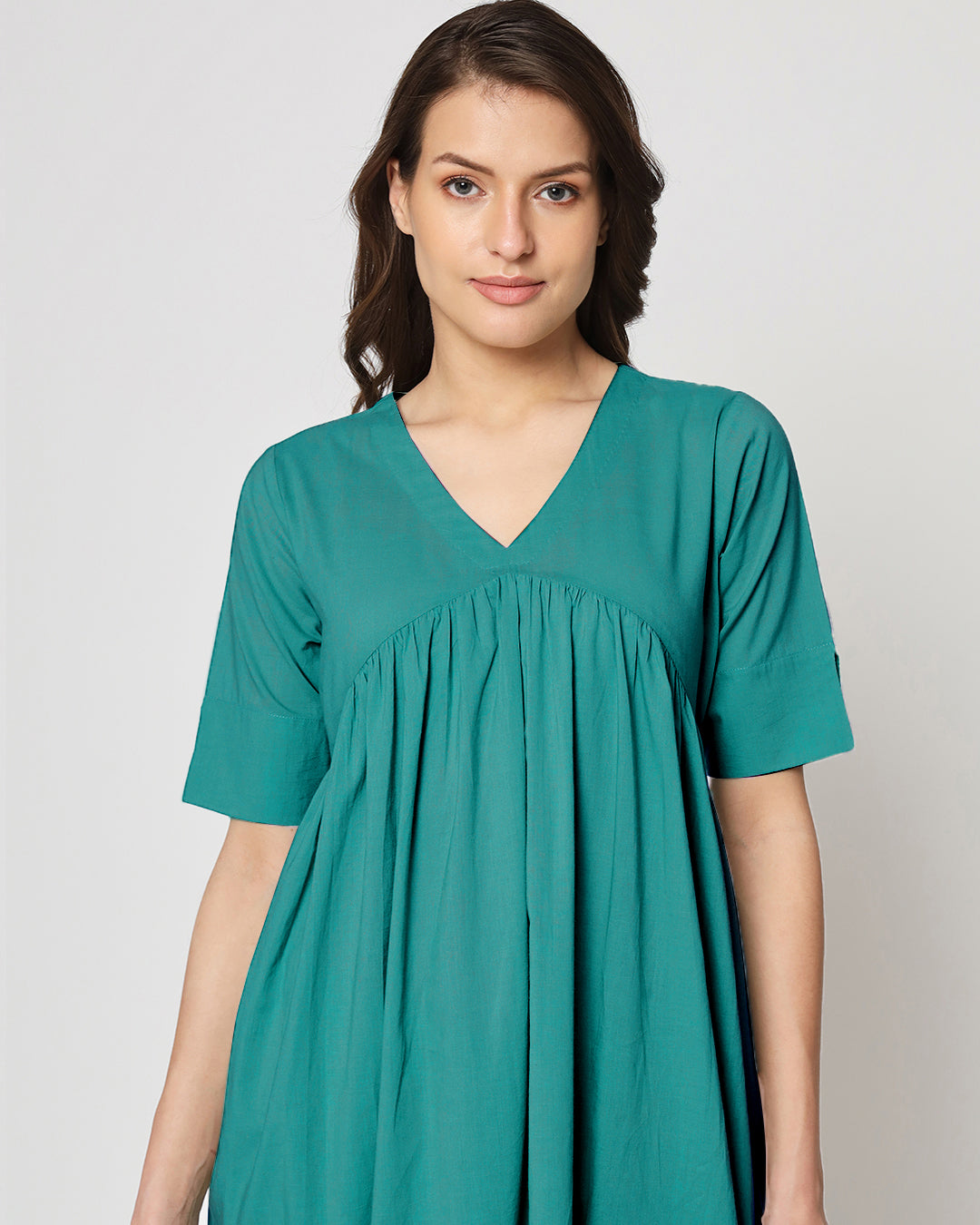 Forest Green Gathered Solid Kurta (Without Bottoms)