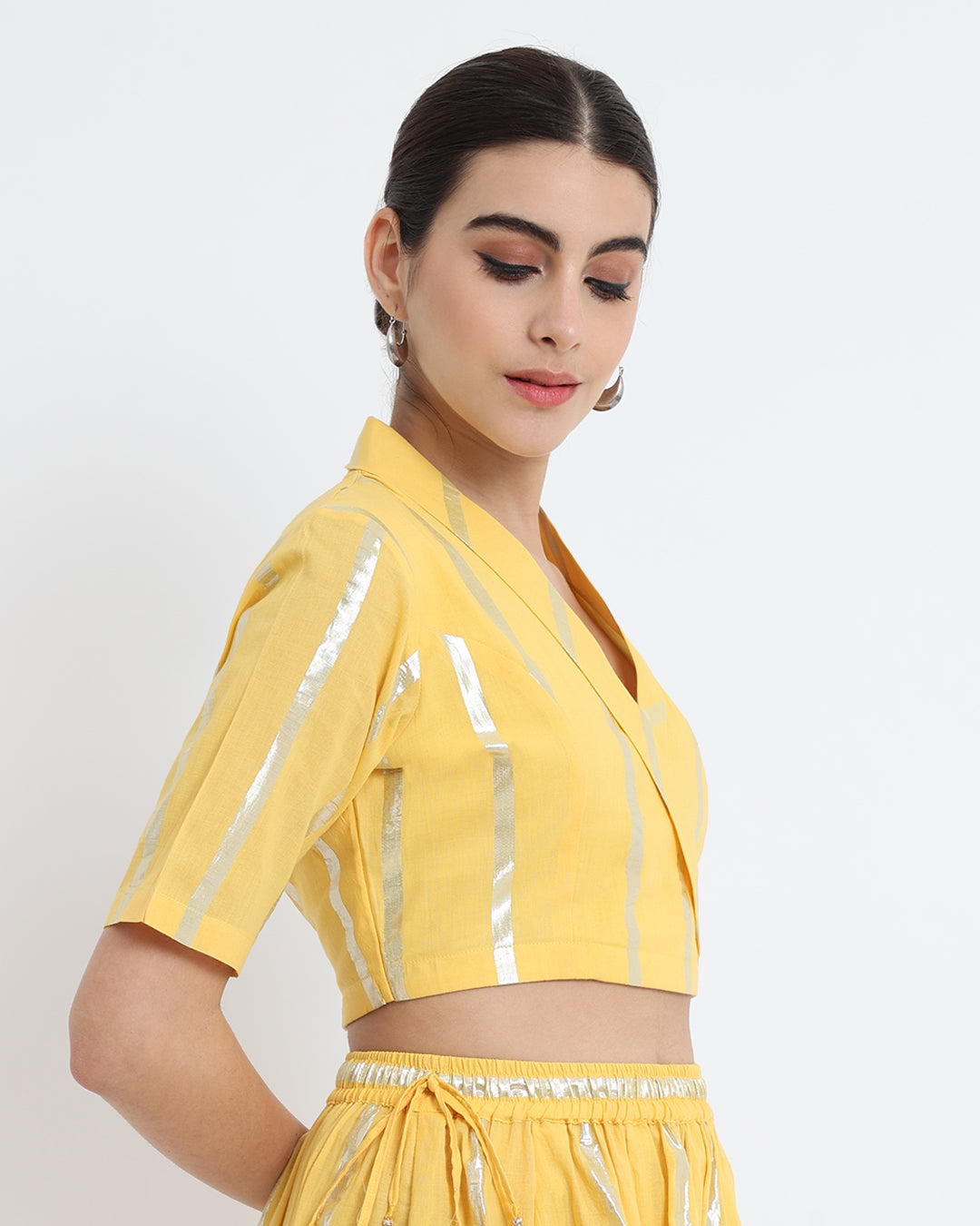 Dazzling Yellow Glisten Gala Wrap Fusion Blouse