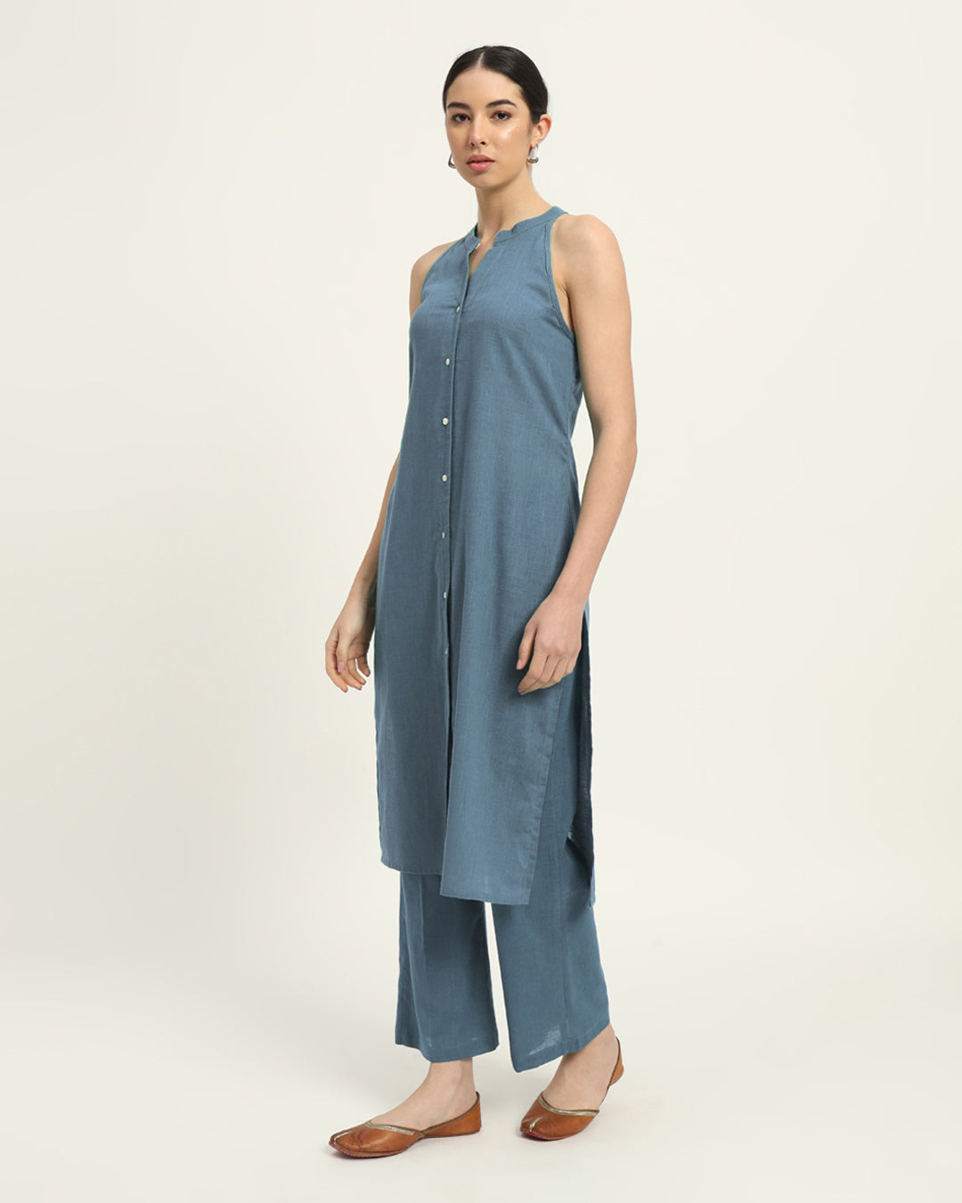 Combo: Beige & Blue Dawn Mermaid Button Down Solid Kurta