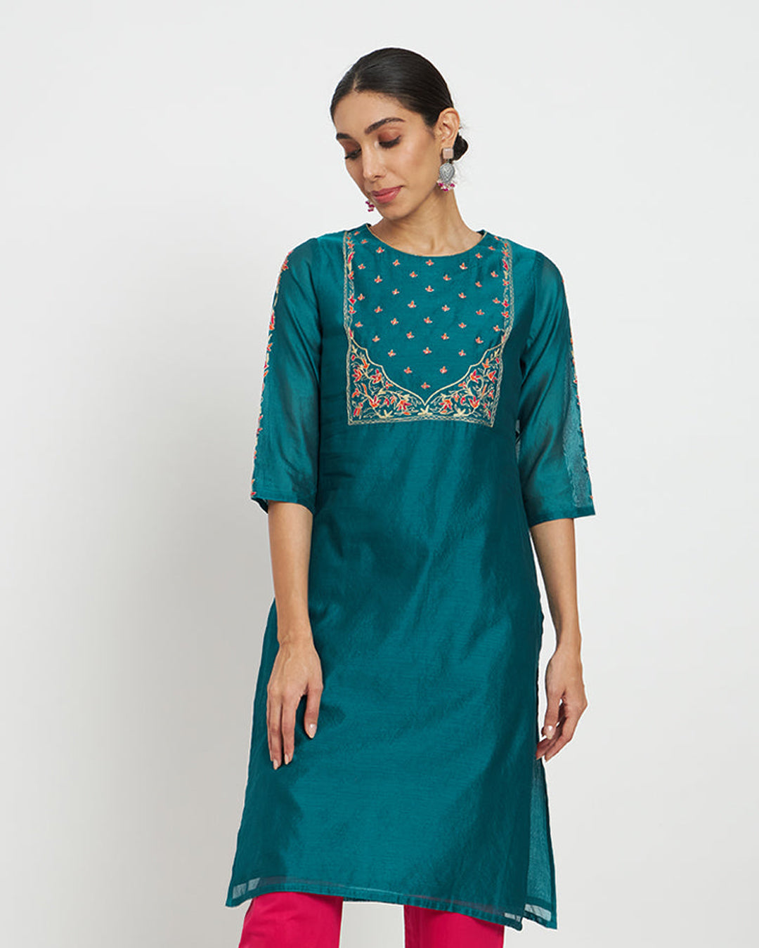 Green Genie Festive Chanderi Embroidered Kurta (Without Bottoms)