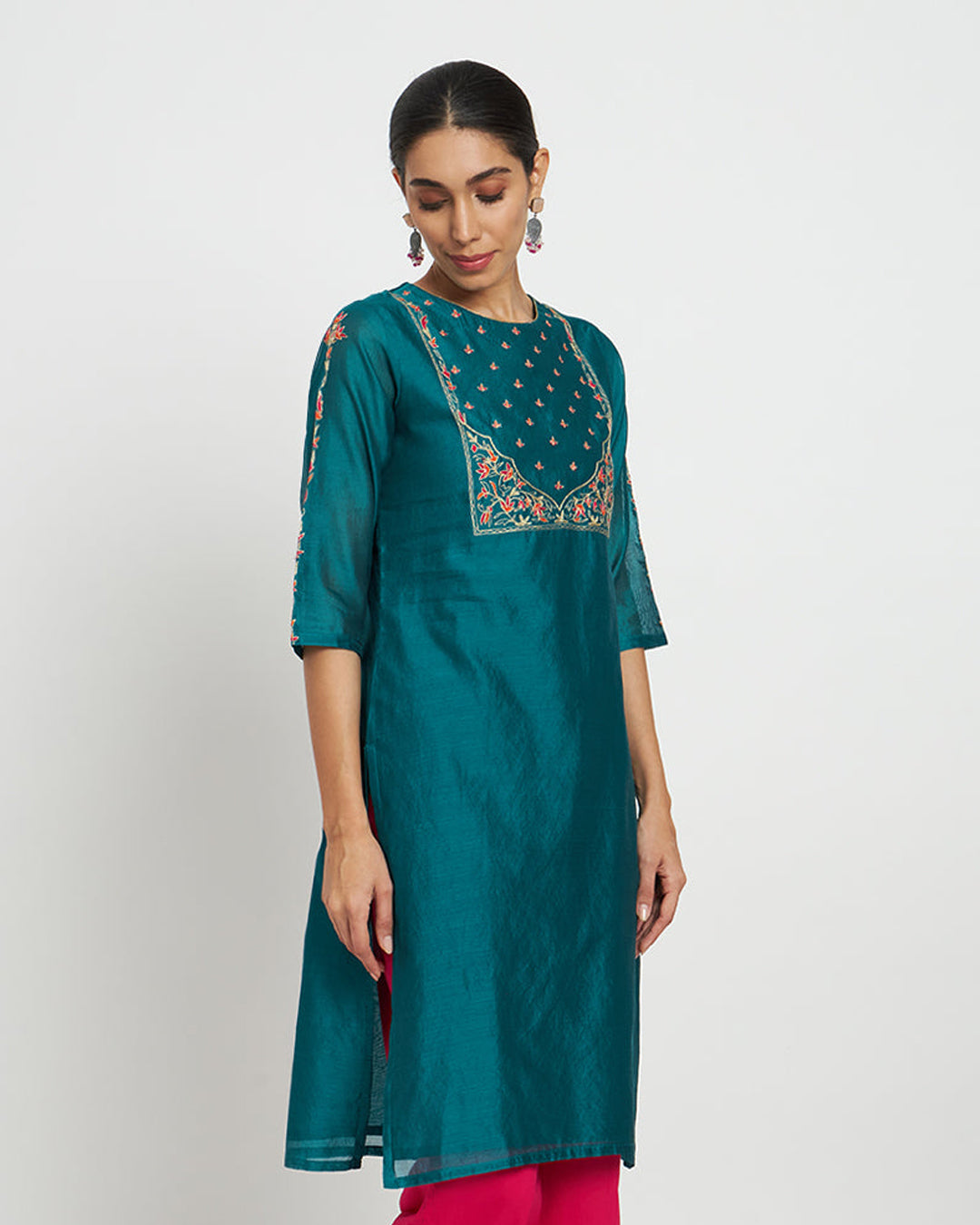 Green Genie Festive Chanderi Embroidered Kurta (Without Bottoms)