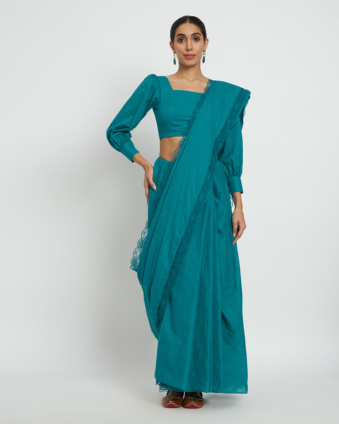 Green Gleam Square Sleekness Saree & Blouse Co-ord Set