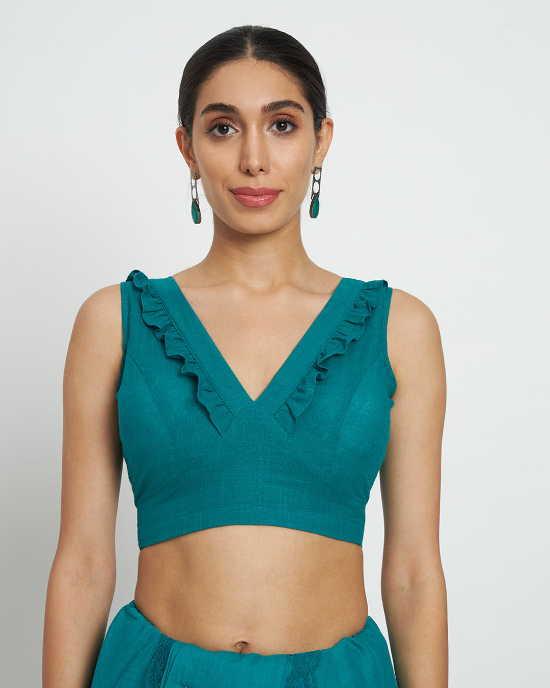 Green Gleam Ruffled Romance Saree & Blouse Co-ord Set