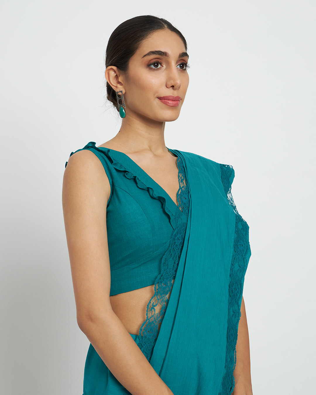 Green Gleam Ruffled Romance Saree & Blouse Co-ord Set