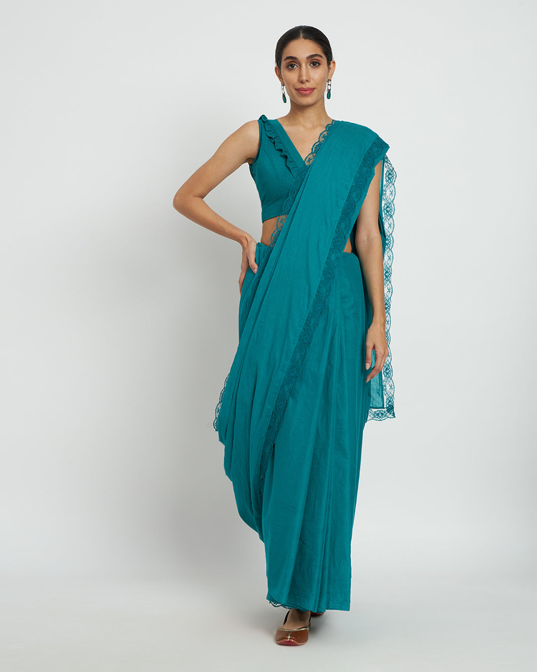 Green Gleam Ruffled Romance Saree & Blouse Co-ord Set