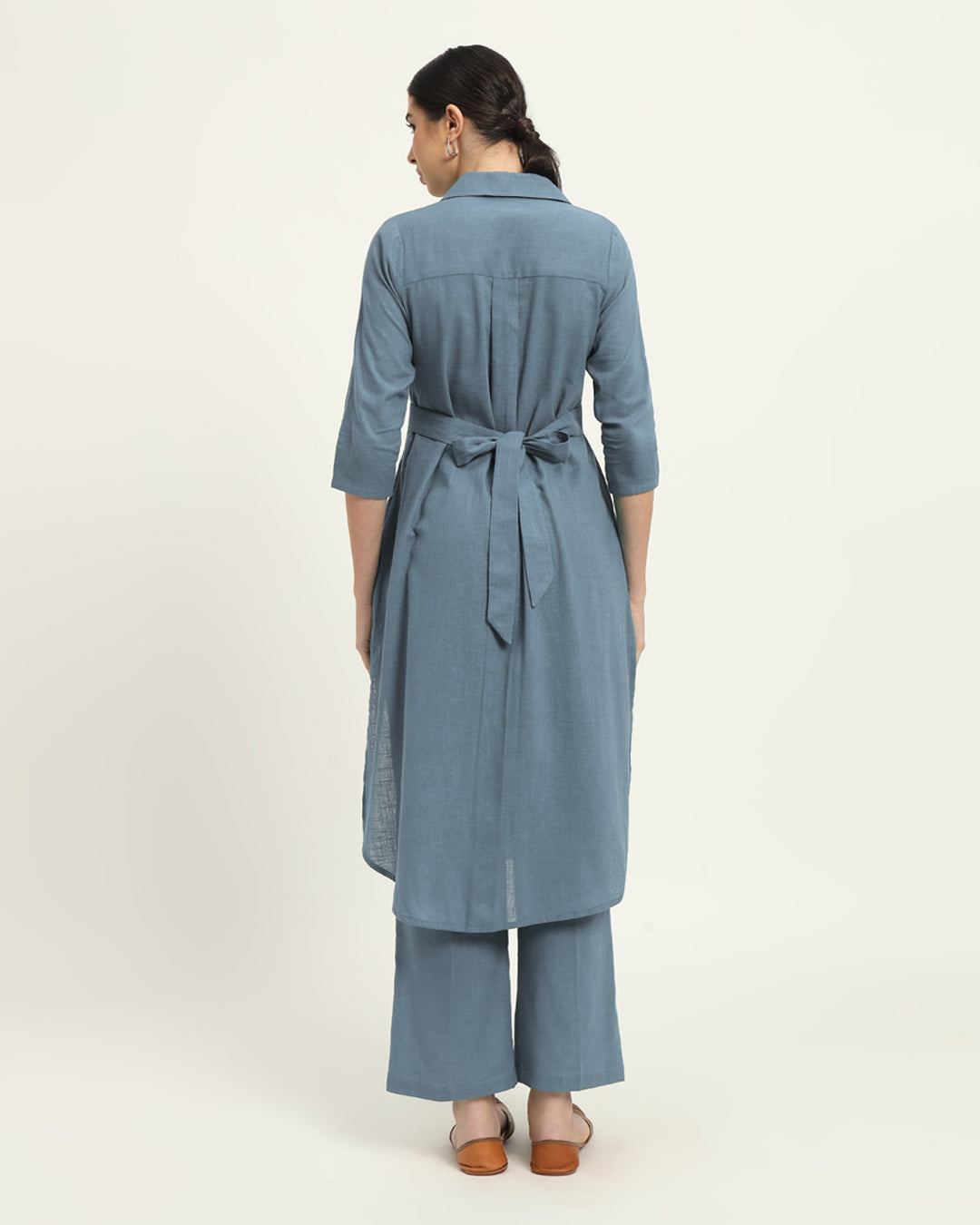 Combo: Blue Dawn & Sage Green Bellisimo Belted Solid Kurta