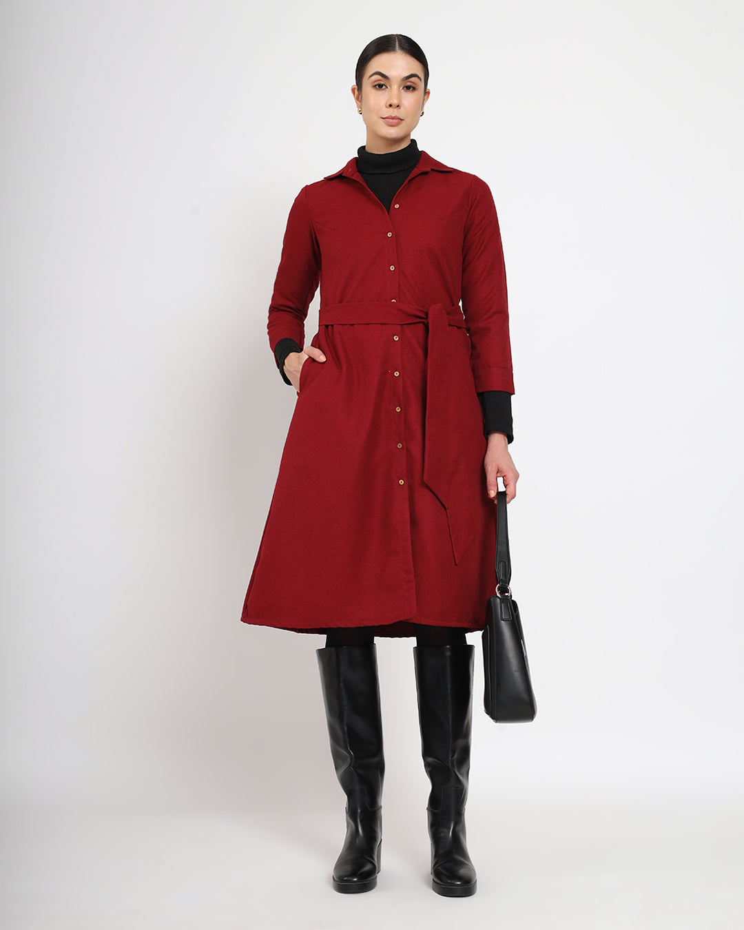 Russet Red Artfull A-Line Woolen Dress