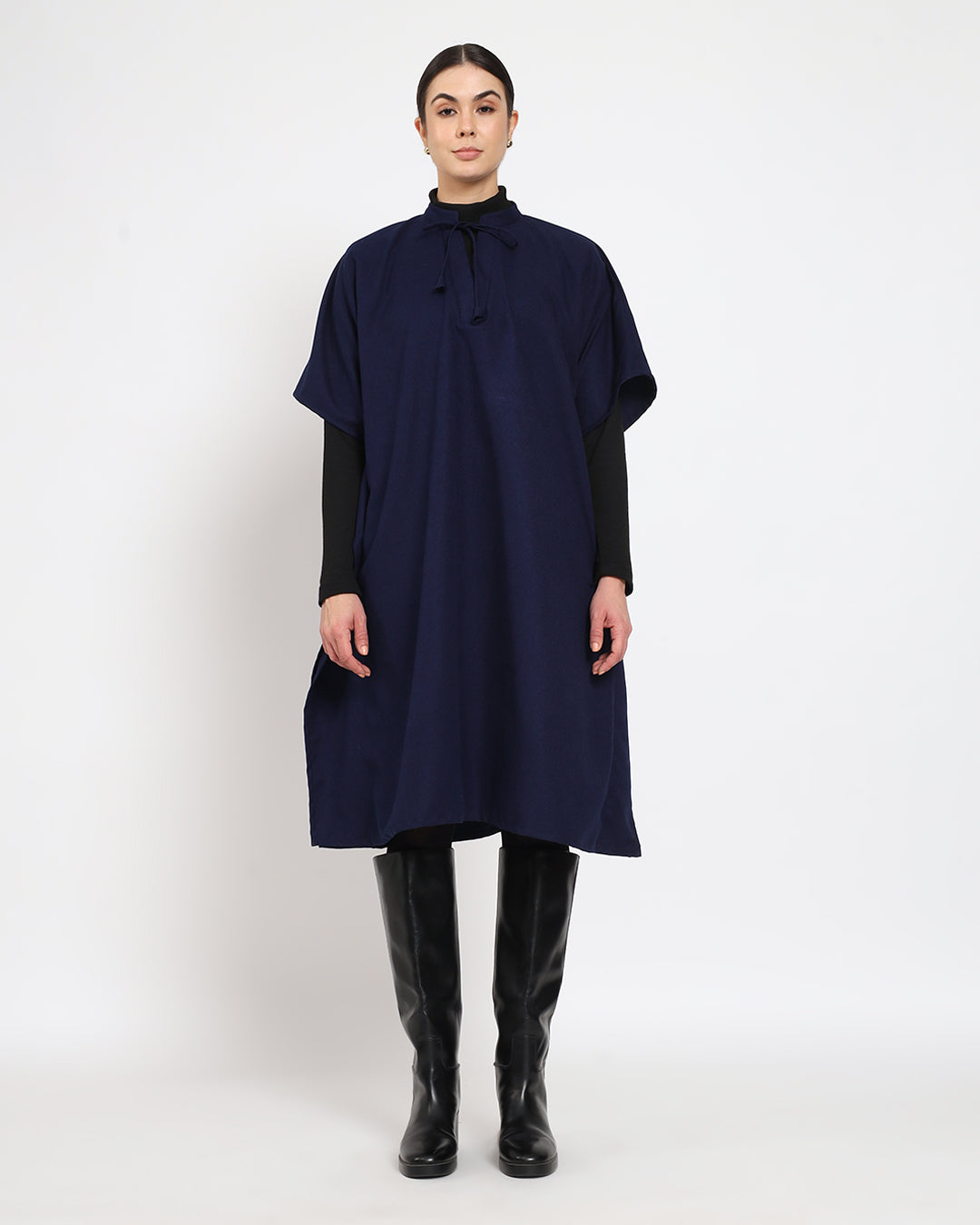 Midnight Blue Band Collar woolen Kaftan Dress