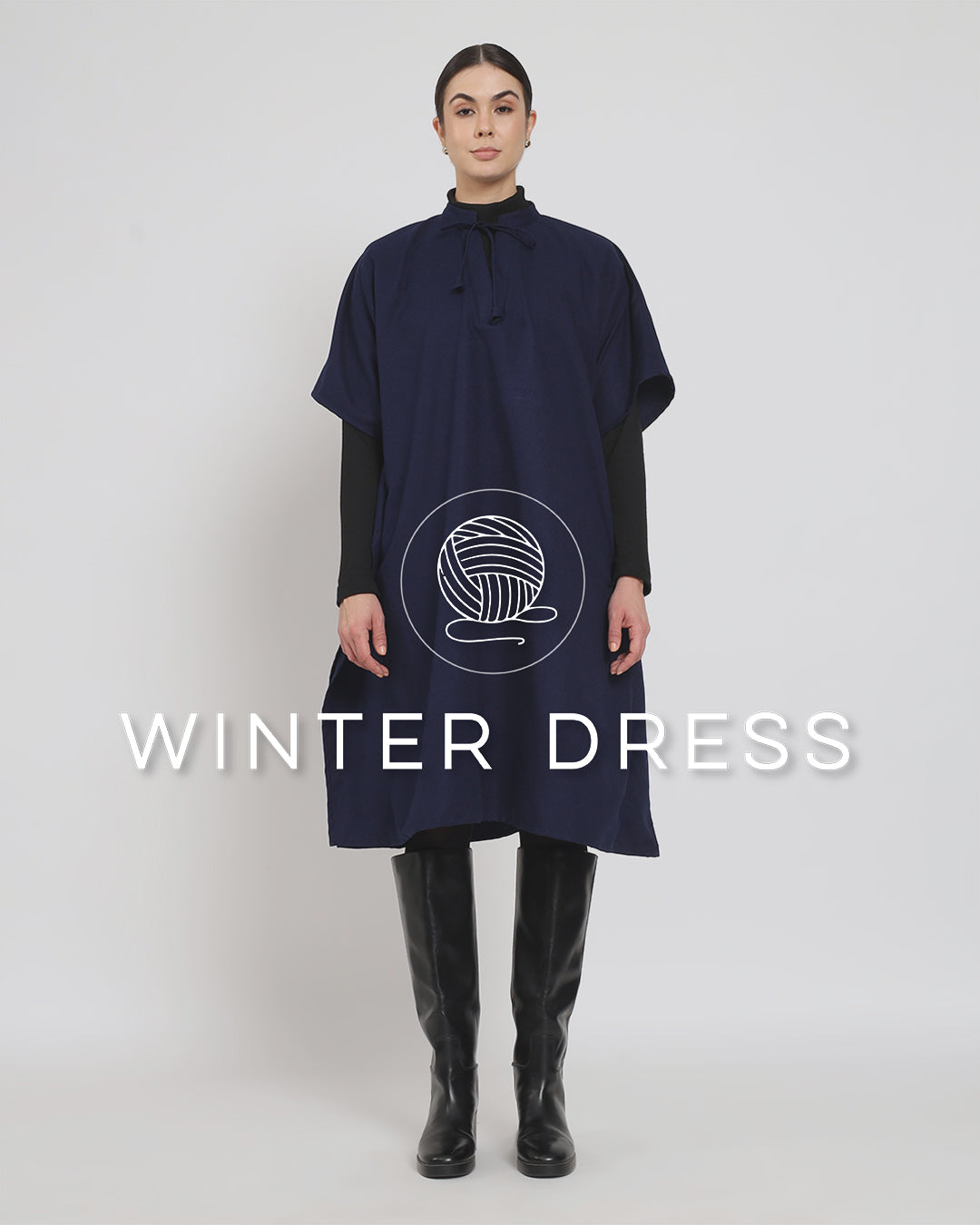 Midnight Blue Band Collar woolen Kaftan Dress