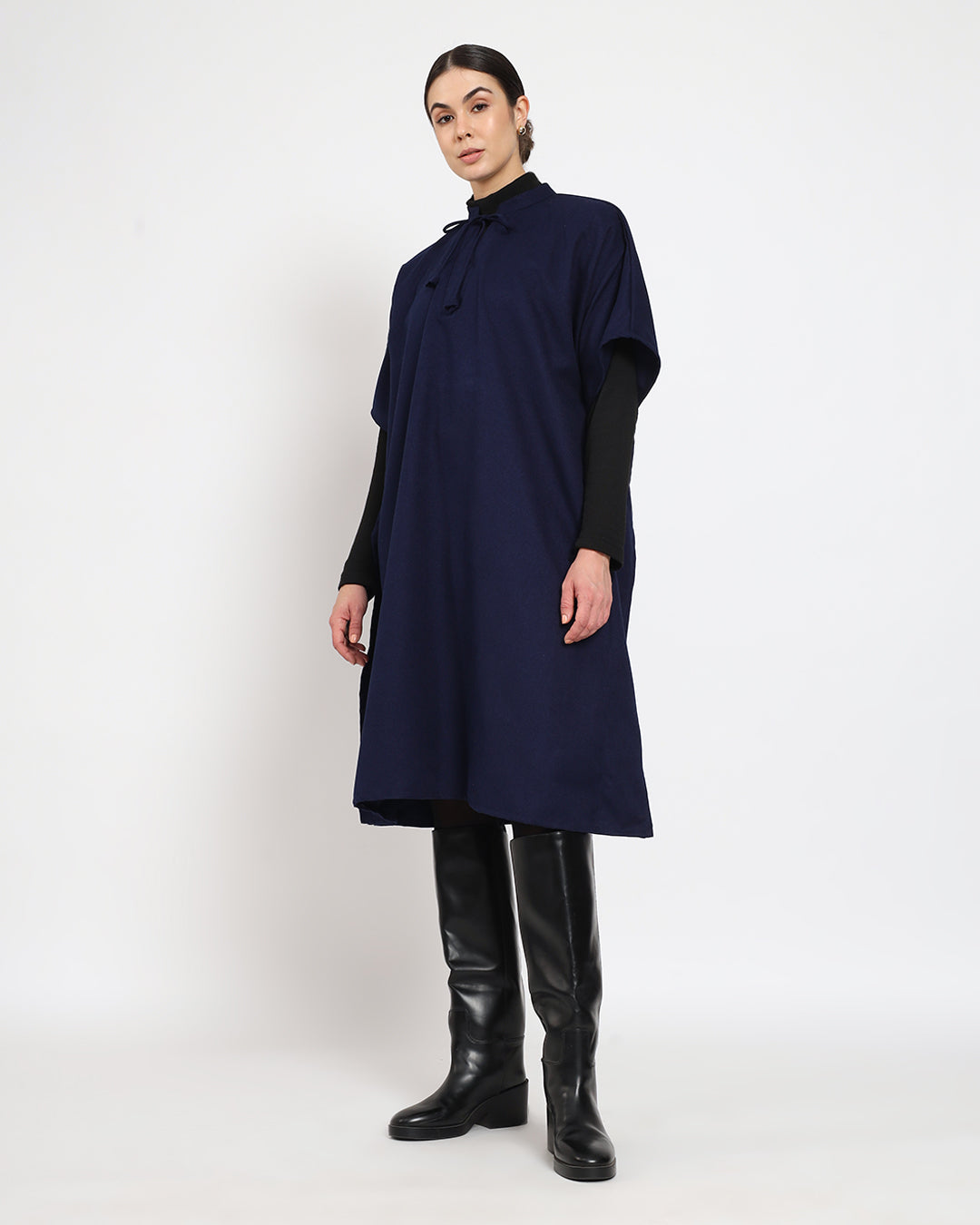 Midnight Blue Band Collar woolen Kaftan Dress