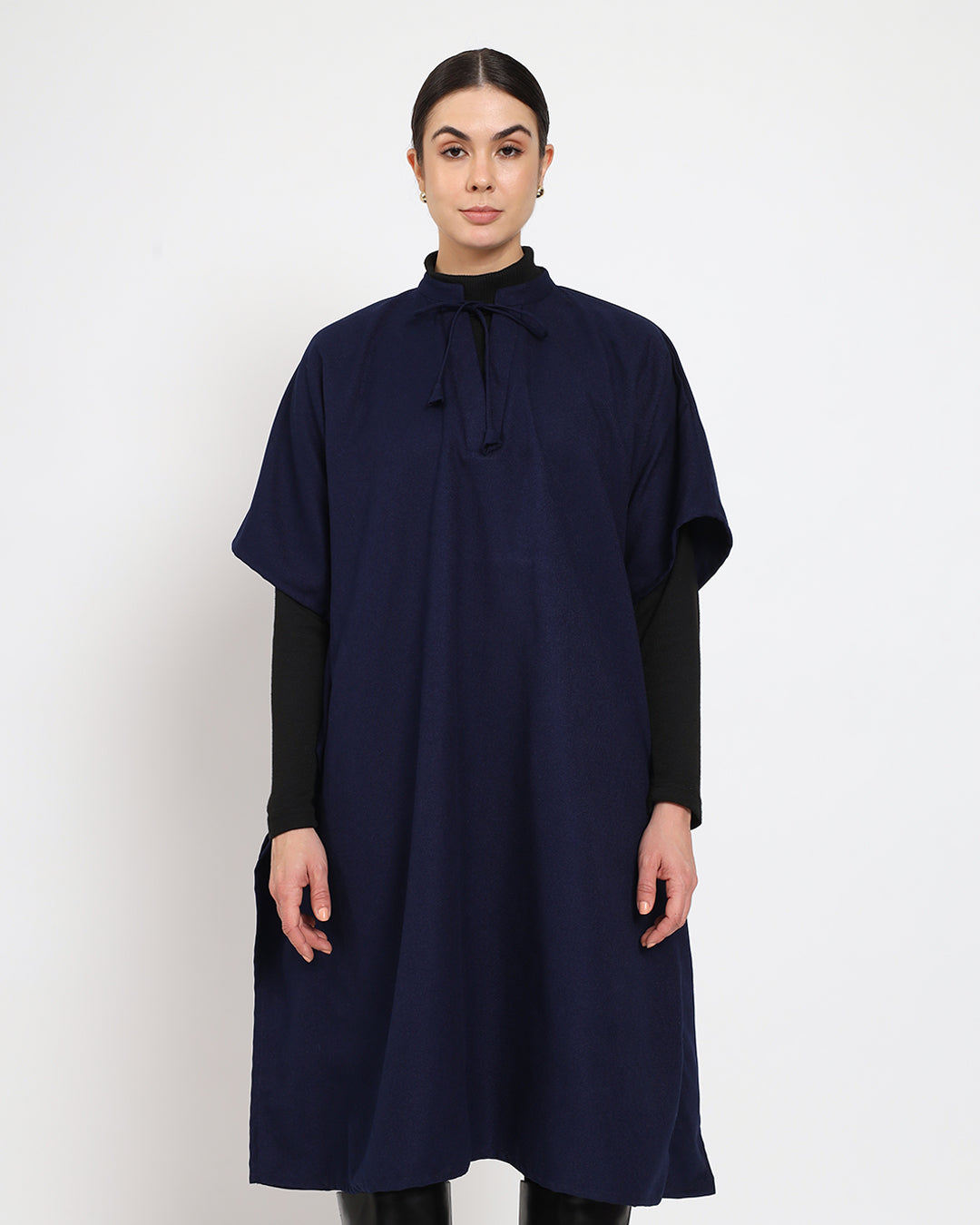 Midnight Blue Band Collar woolen Kaftan Dress