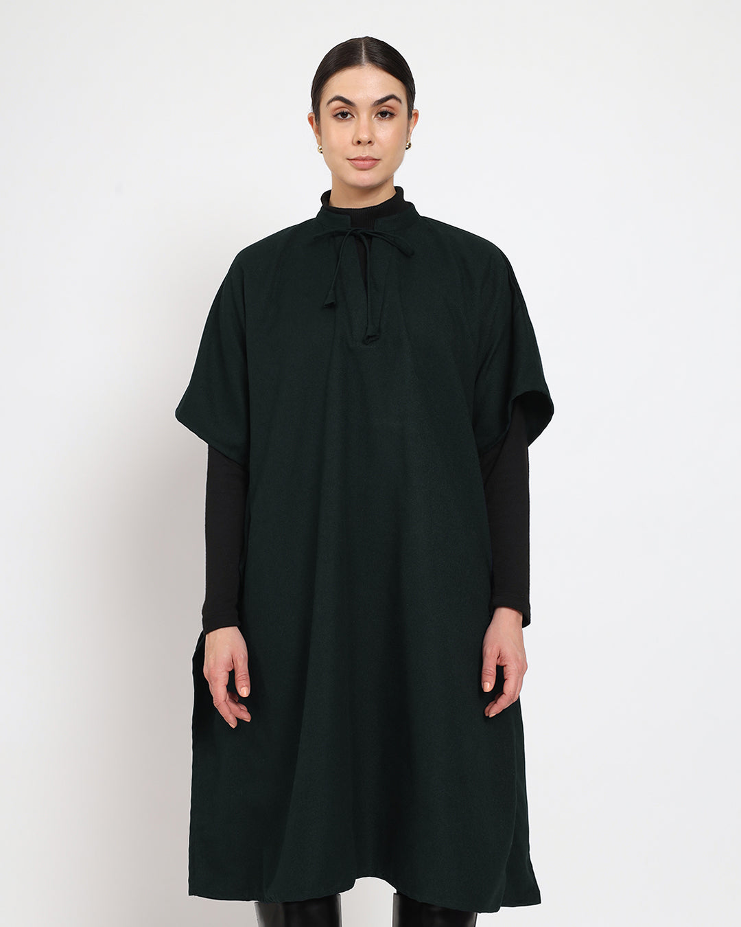 Deep Teal Band Collar woolen Kaftan Dress