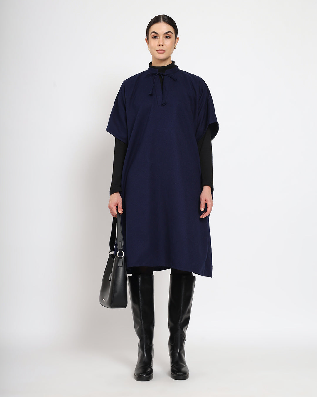 Midnight Blue Band Collar woolen Kaftan Dress