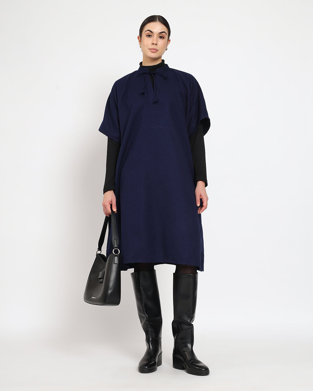 Midnight Blue Band Collar woolen Kaftan Dress