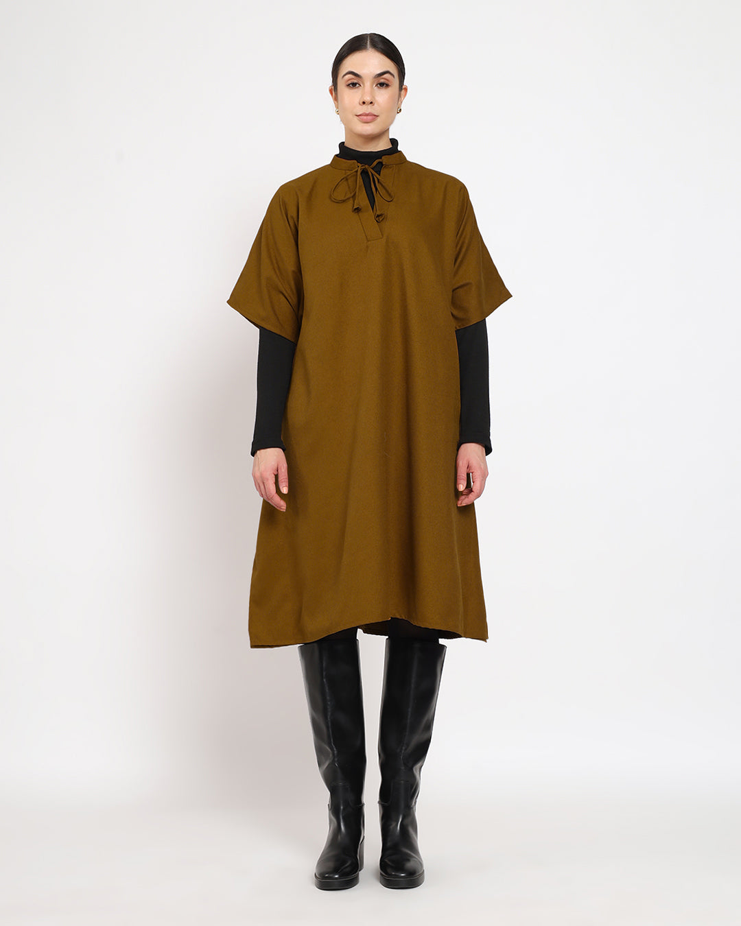 Mustard Band Collar woolen Kaftan Dress