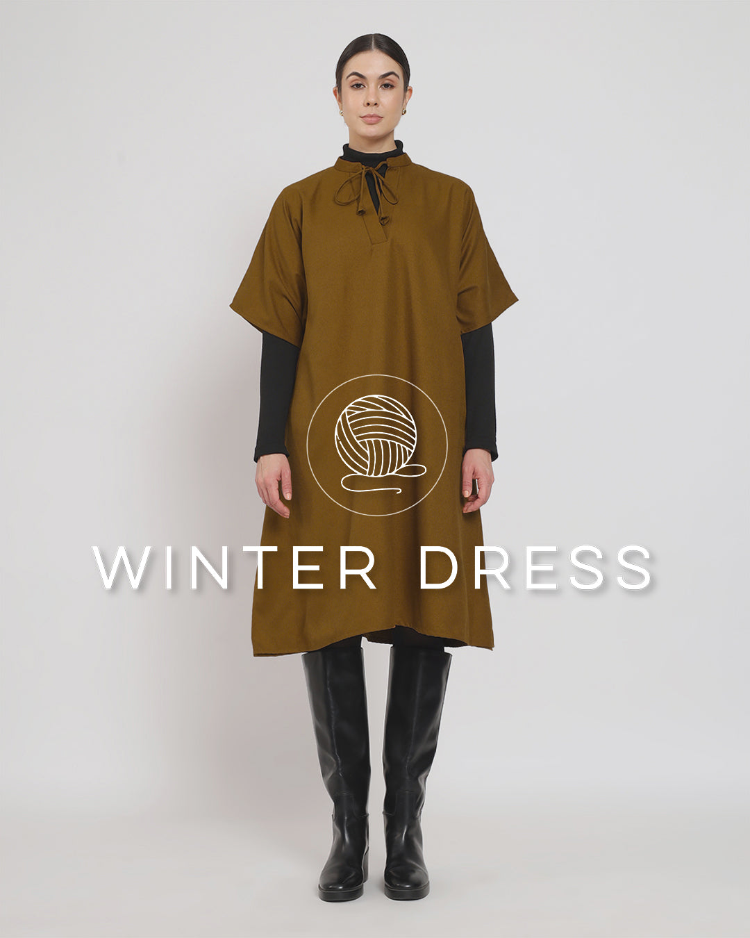 Mustard Band Collar woolen Kaftan Dress