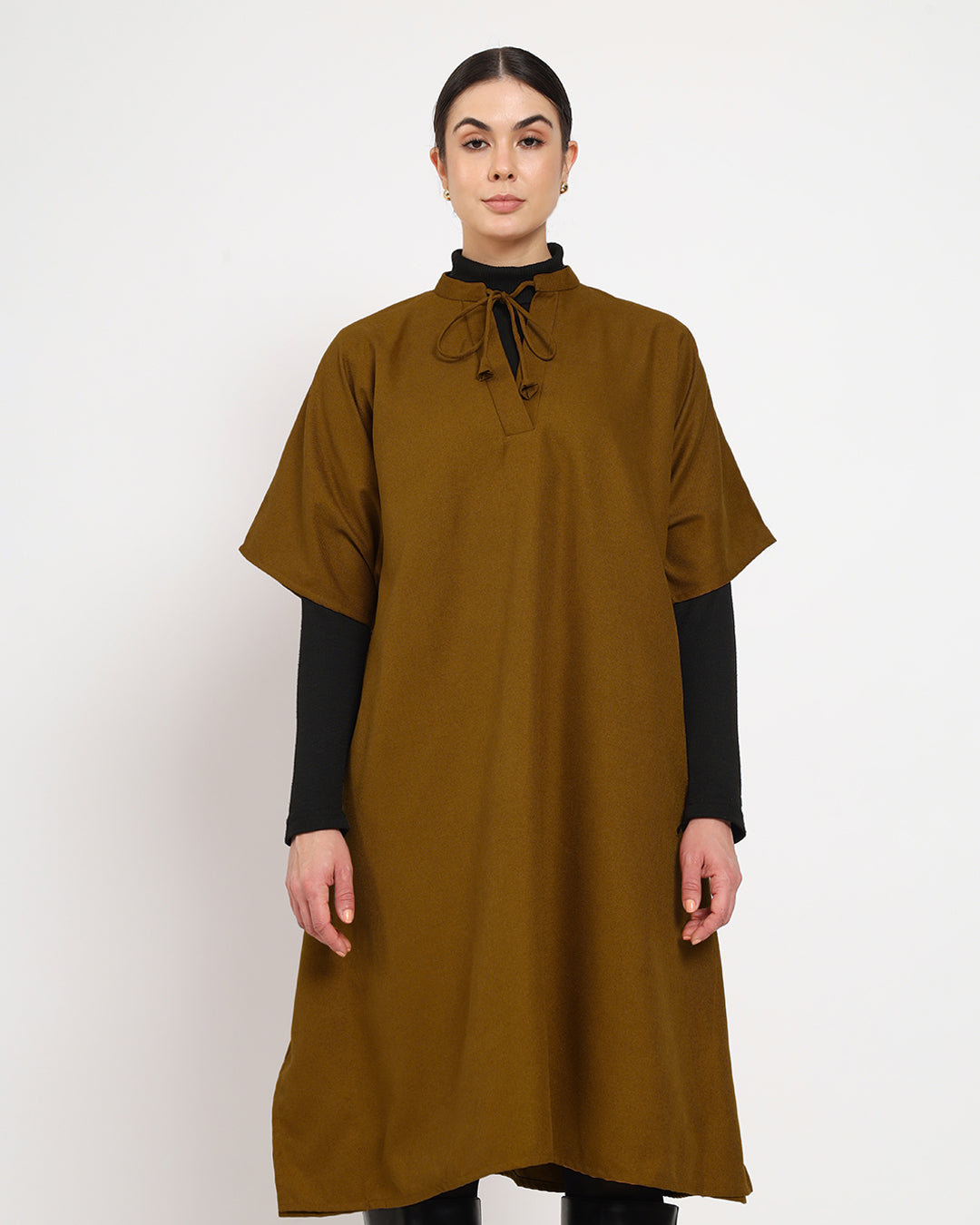 Mustard Band Collar woolen Kaftan Dress