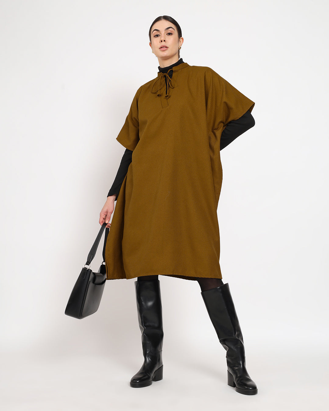 Mustard Band Collar woolen Kaftan Dress