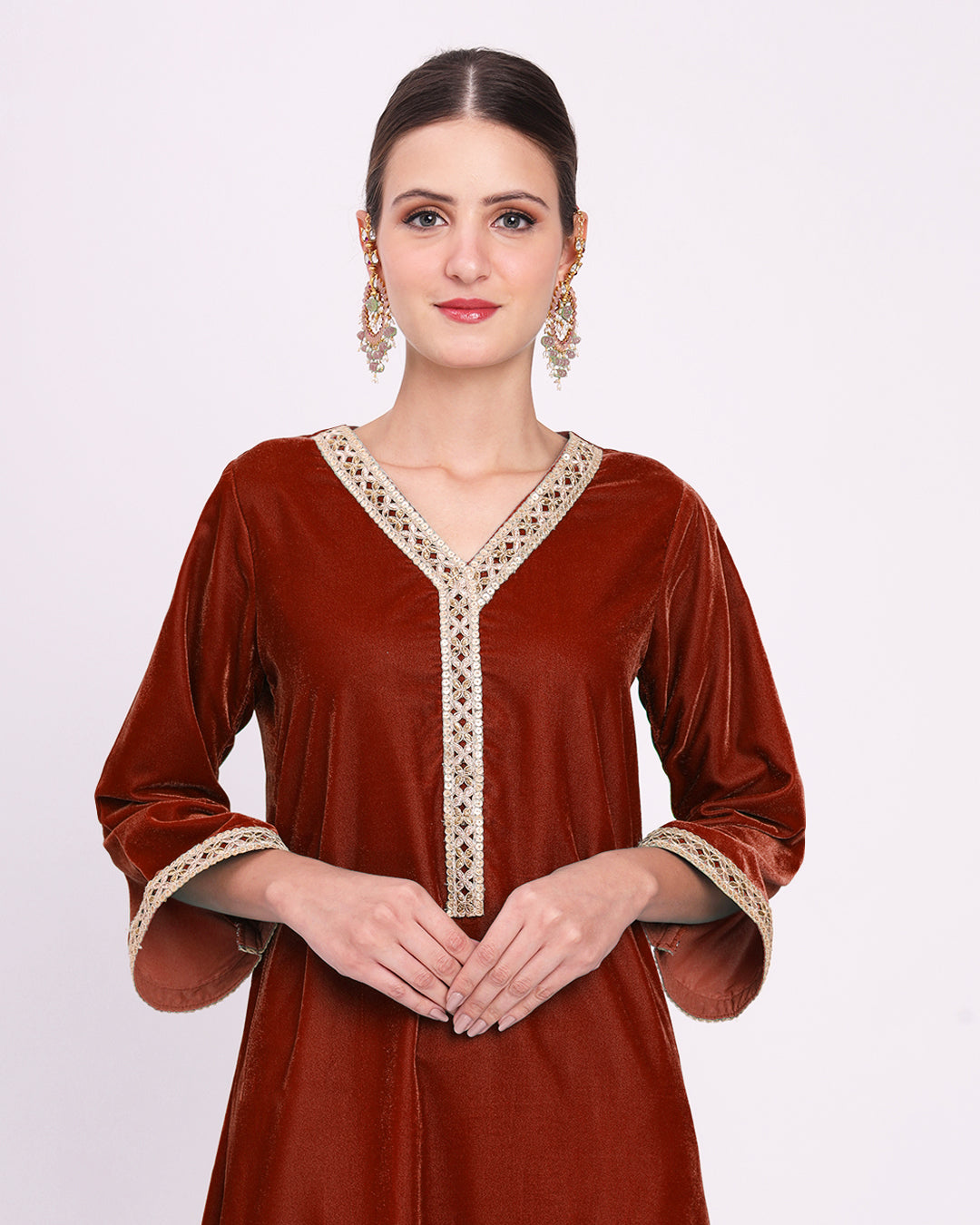 Russet Red Crafted Luxe Velvet Kurta (Without Bottoms)