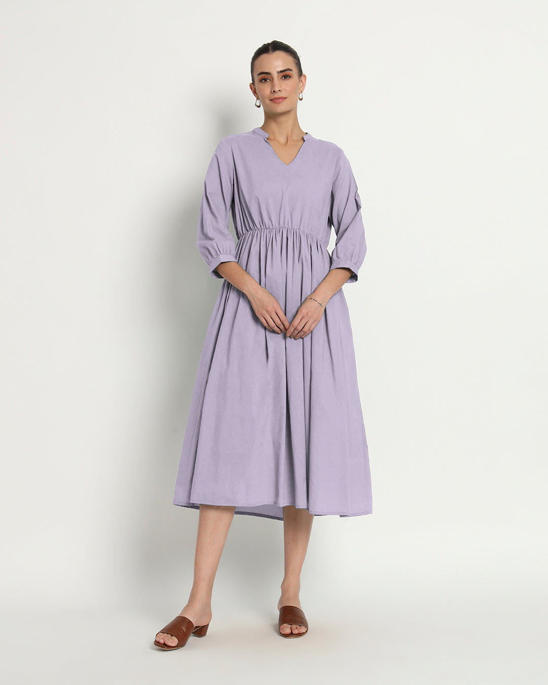 Lilac Gathered V-Neck Stretch Dress