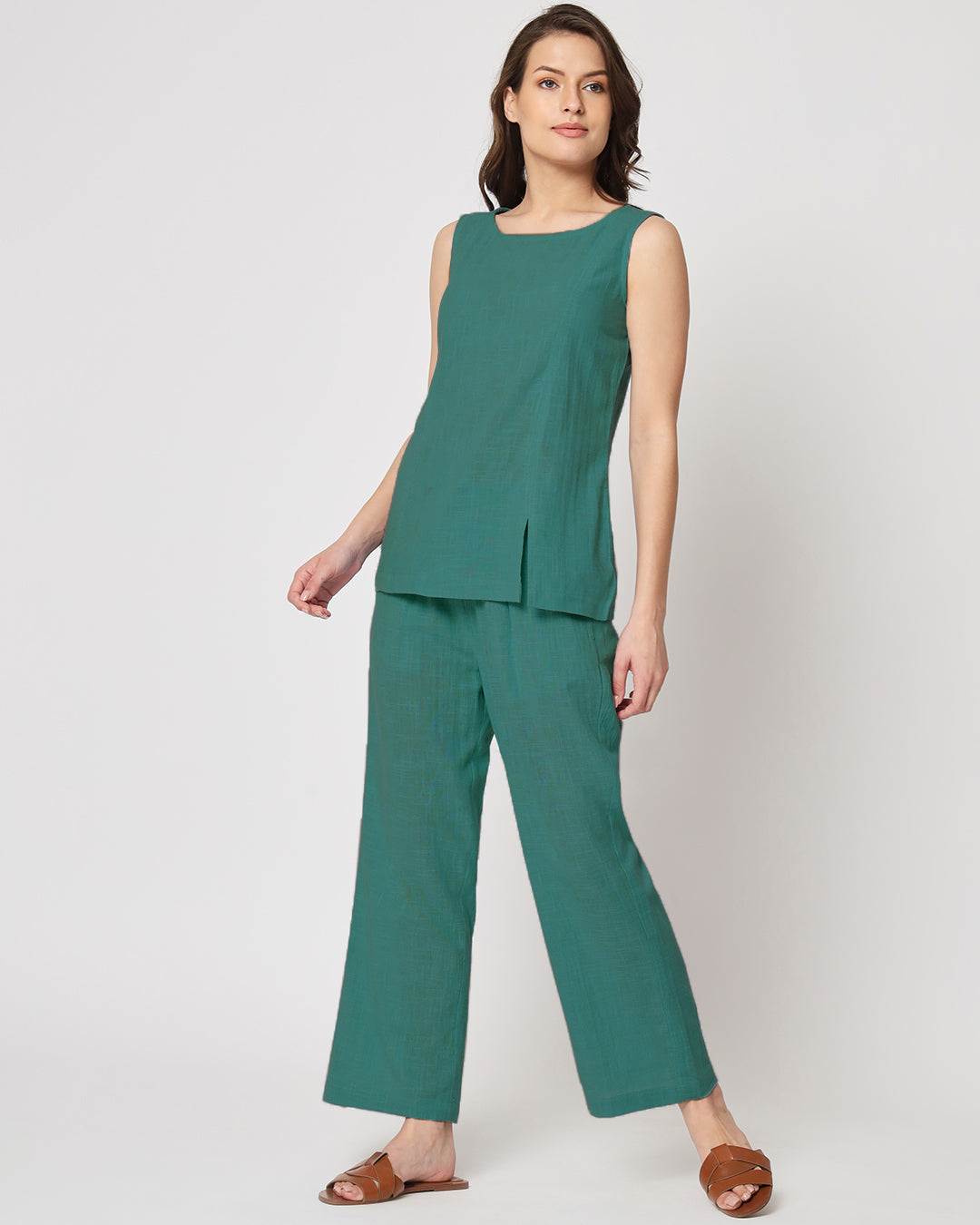 Forest Green Sleeveless Short Length Solid Co-ord Set