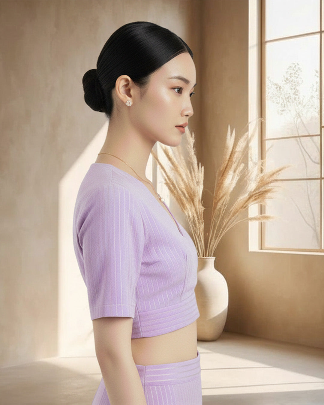 Festive Iris Pink Golden Stripes Deep V Blouse