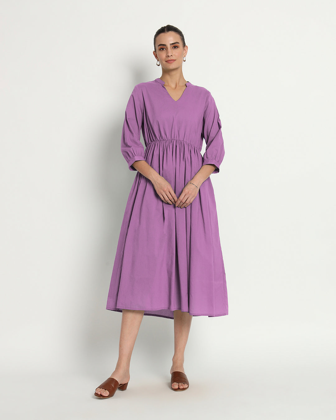 Wisteria Purple Gathered V-Neck Stretch Dress