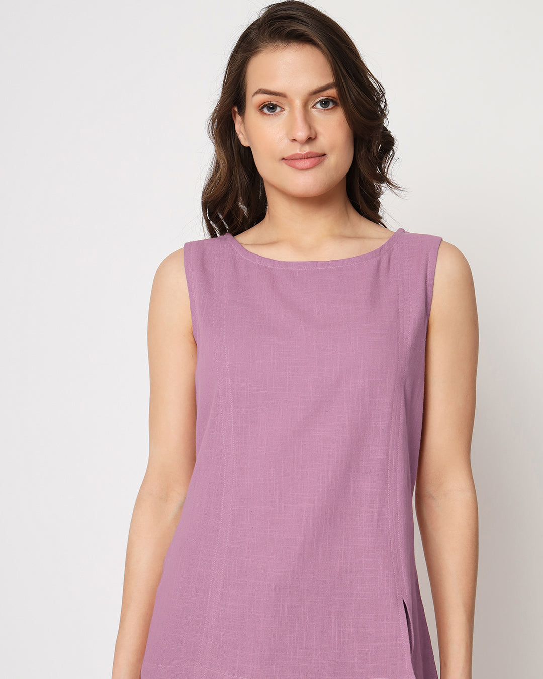 Iris Pink Sleeveless Short Length Solid Top (Without Bottoms)