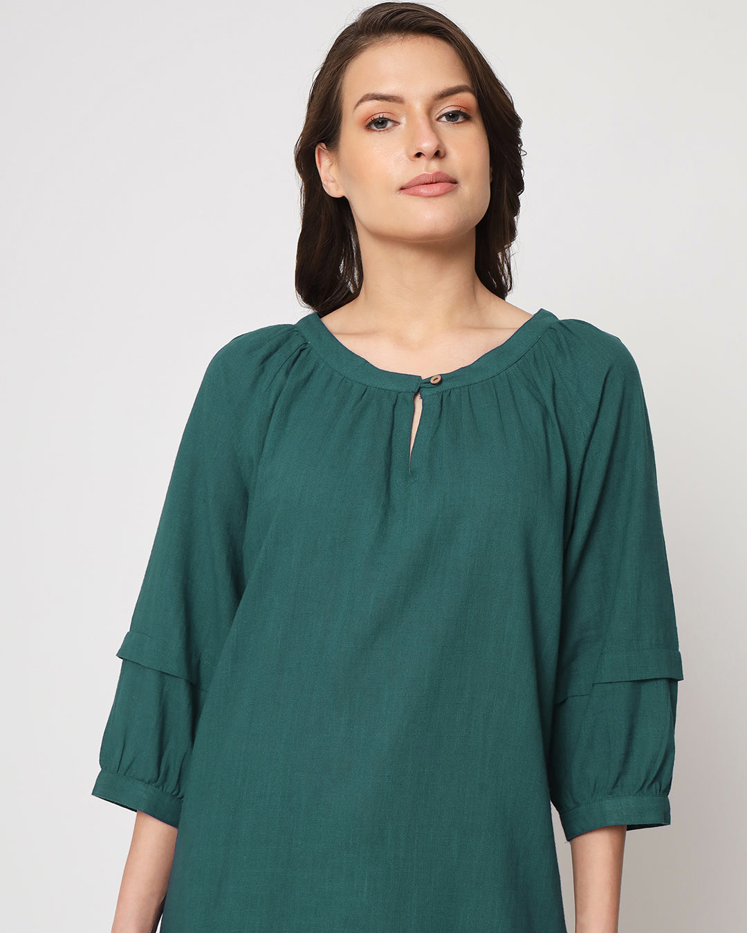 Deep Teal Button Neck Solid Top (Without Bottoms)