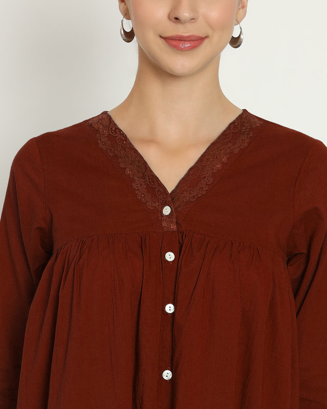Russet Red V Neck Stylish Slumber Nightdress