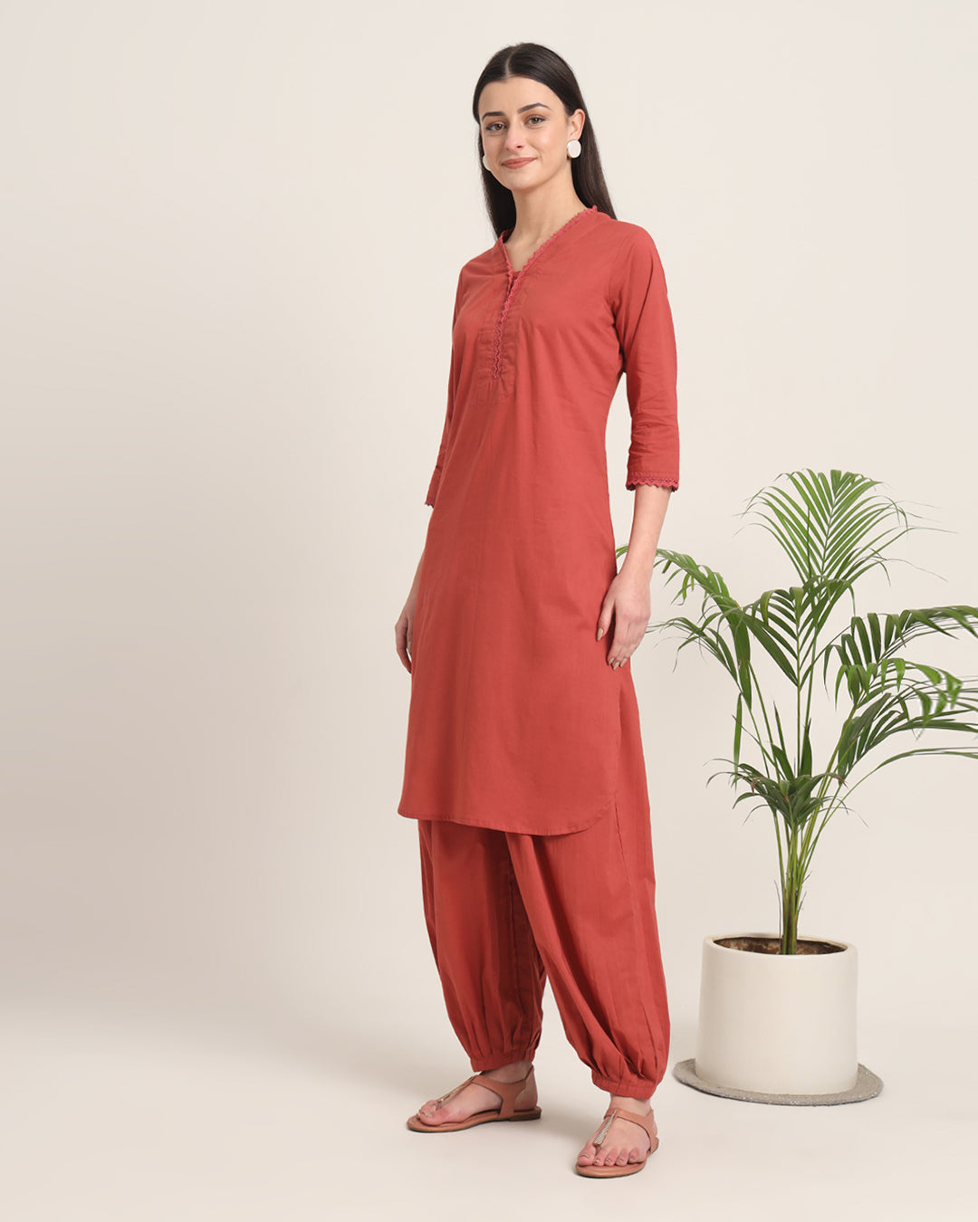 Russet Red Lace Affair Solid Kurta (Without Bottoms)