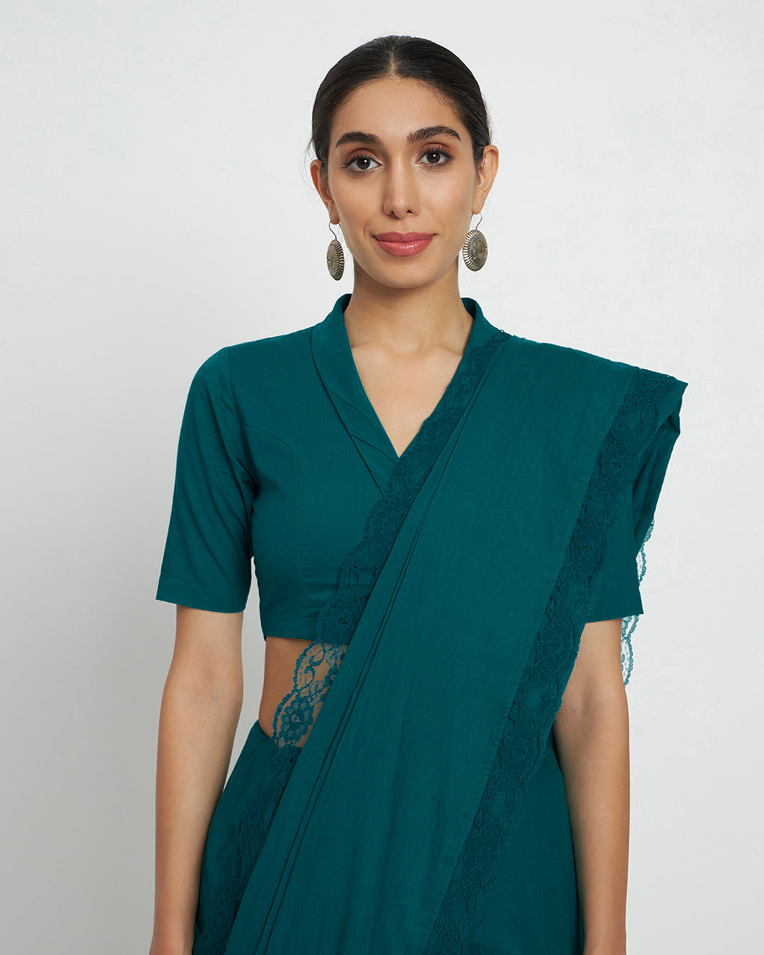 Deep Teal Lace Medley Cotton Saree
