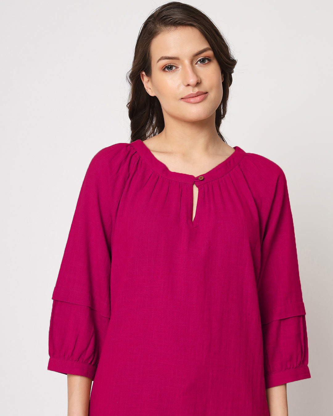 Queen's Gulabi Button Neck Solid Top (Without Bottoms)