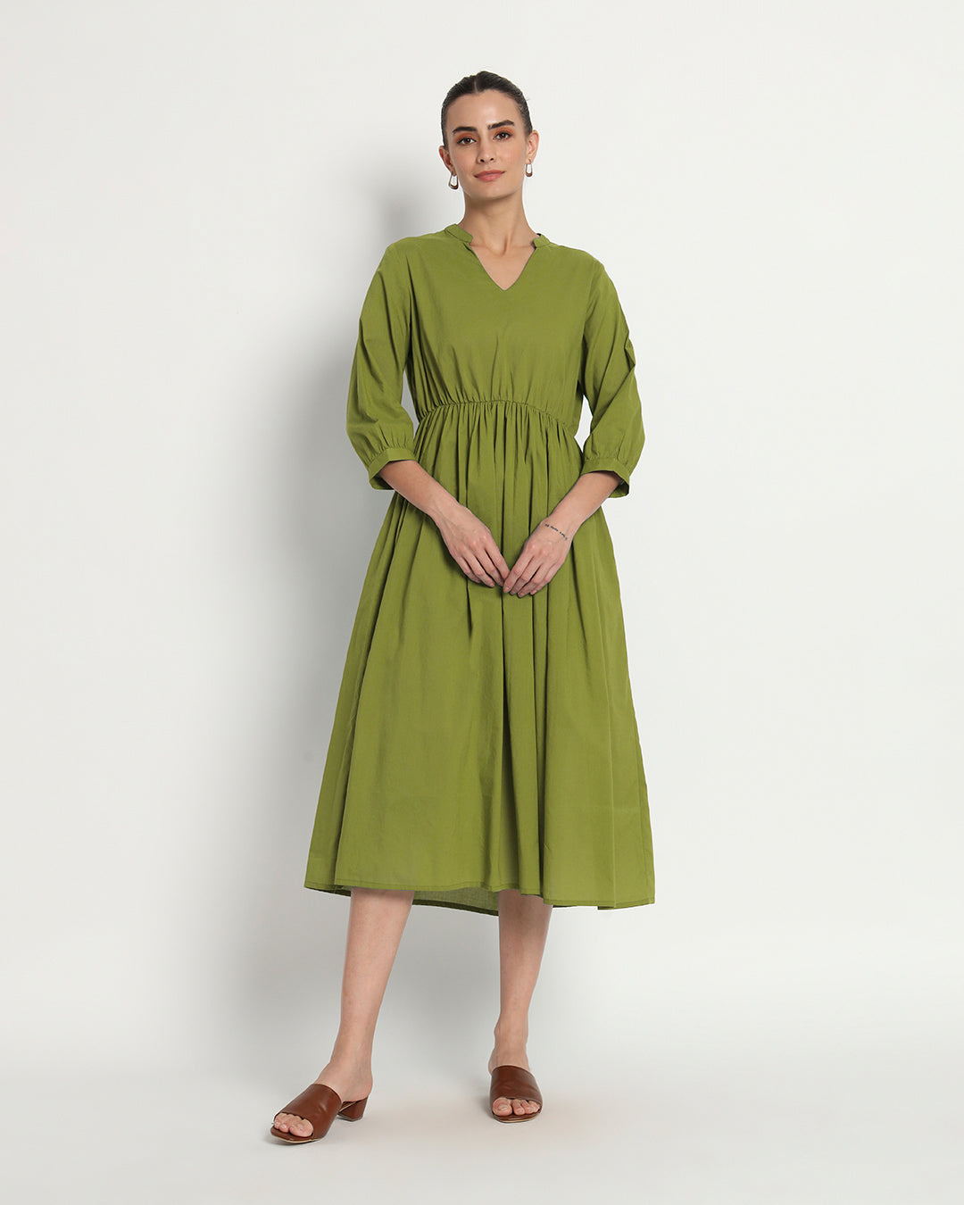 Sage Green Gathered V-Neck Stretch Dress