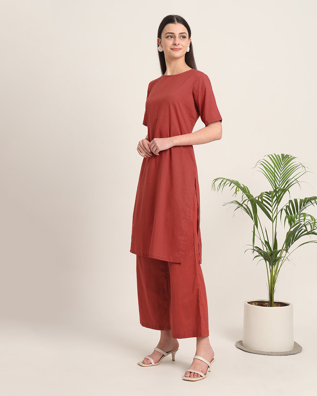 Russet Red Round Neck Long Solid Kurta (Without Bottoms)