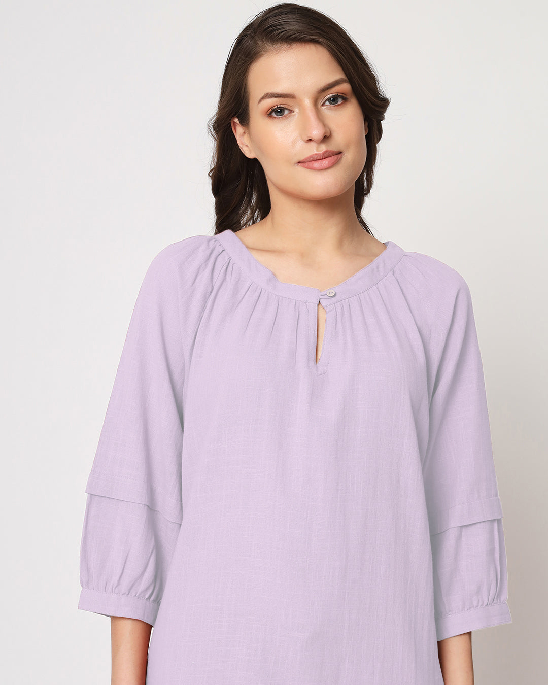 Lilac Button Neck Solid Top (Without Bottoms)