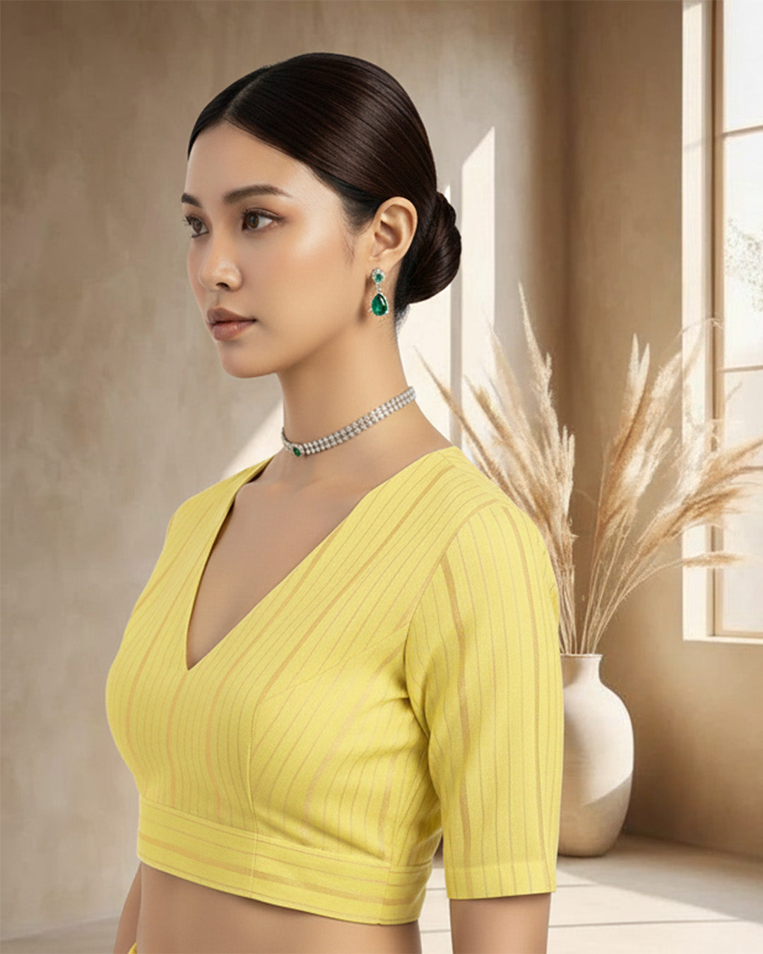 Festive Lime Golden Stripes Stripes Deep V Blouse
