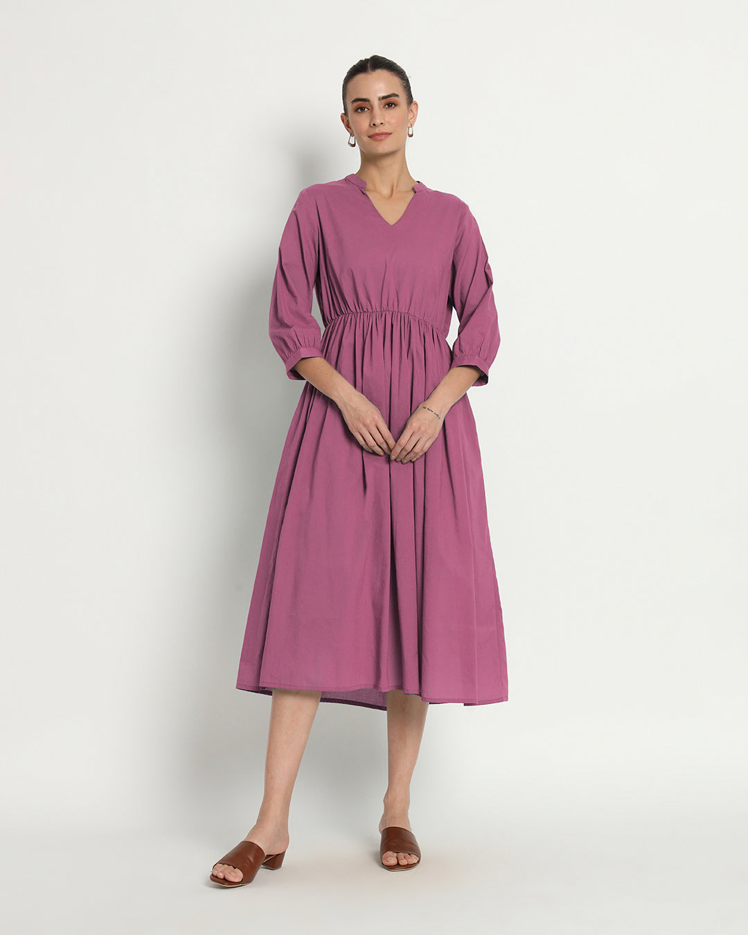 Wings Of Rose Gathered V-Neck Stretch Dress