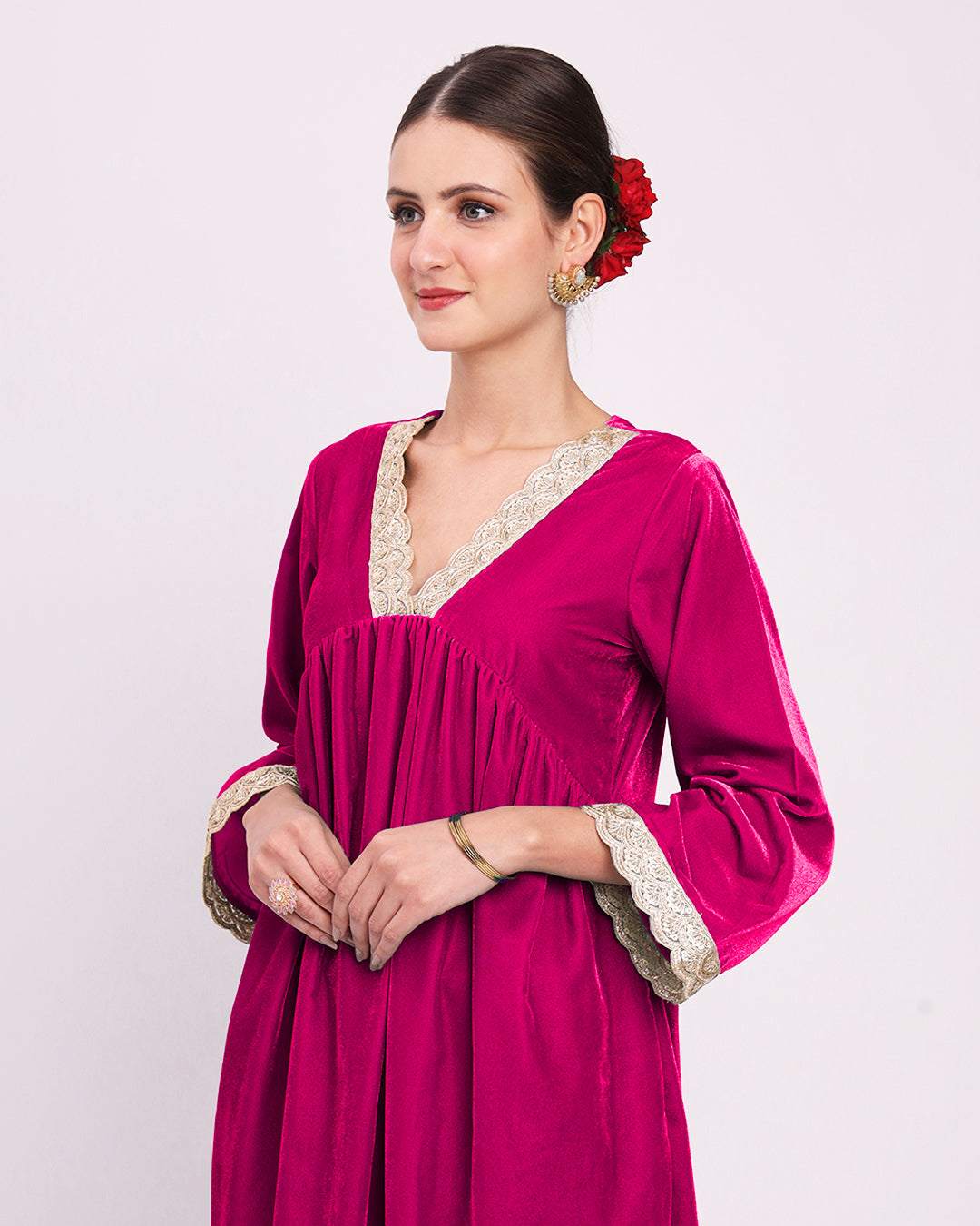 Queen's Gulabi Sparkling Elegance Velvet Gathered Kurta (Without Bottoms)