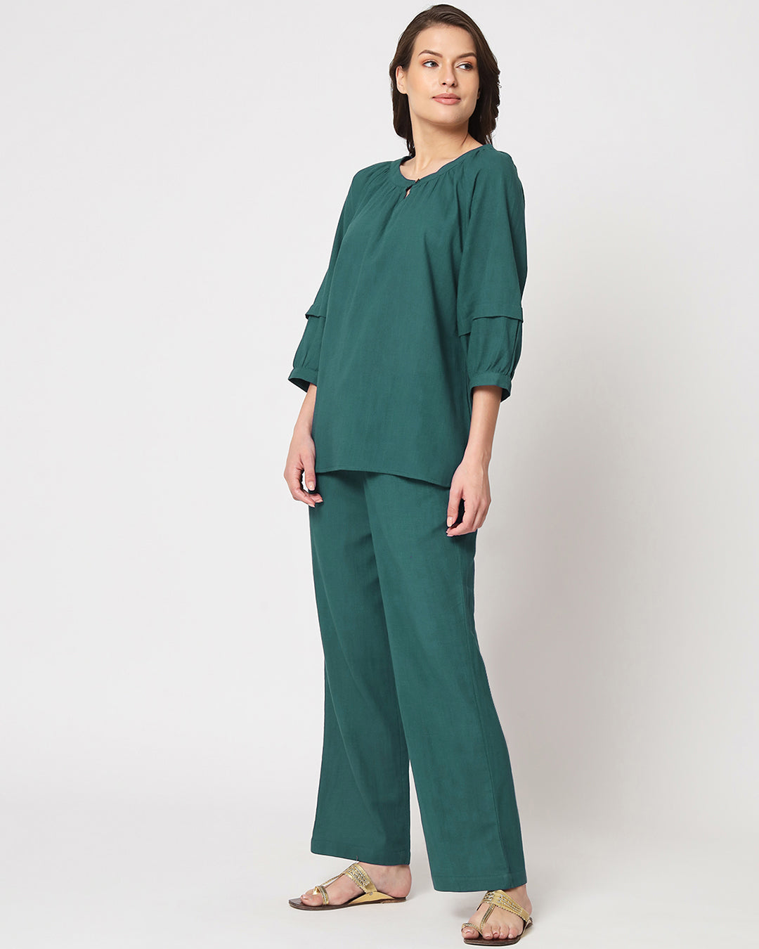 Forest Green Button Neck Solid Co-ord Set