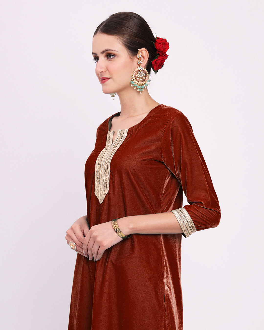 Russet Red Artisanal Glitz Velvet Kurta (Without Bottoms)