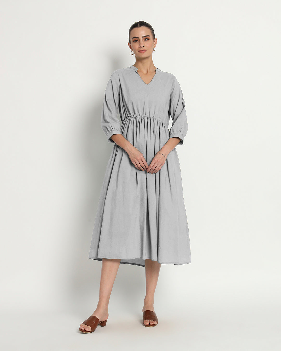 Iced Grey Gathered V-Neck Stretch Dress