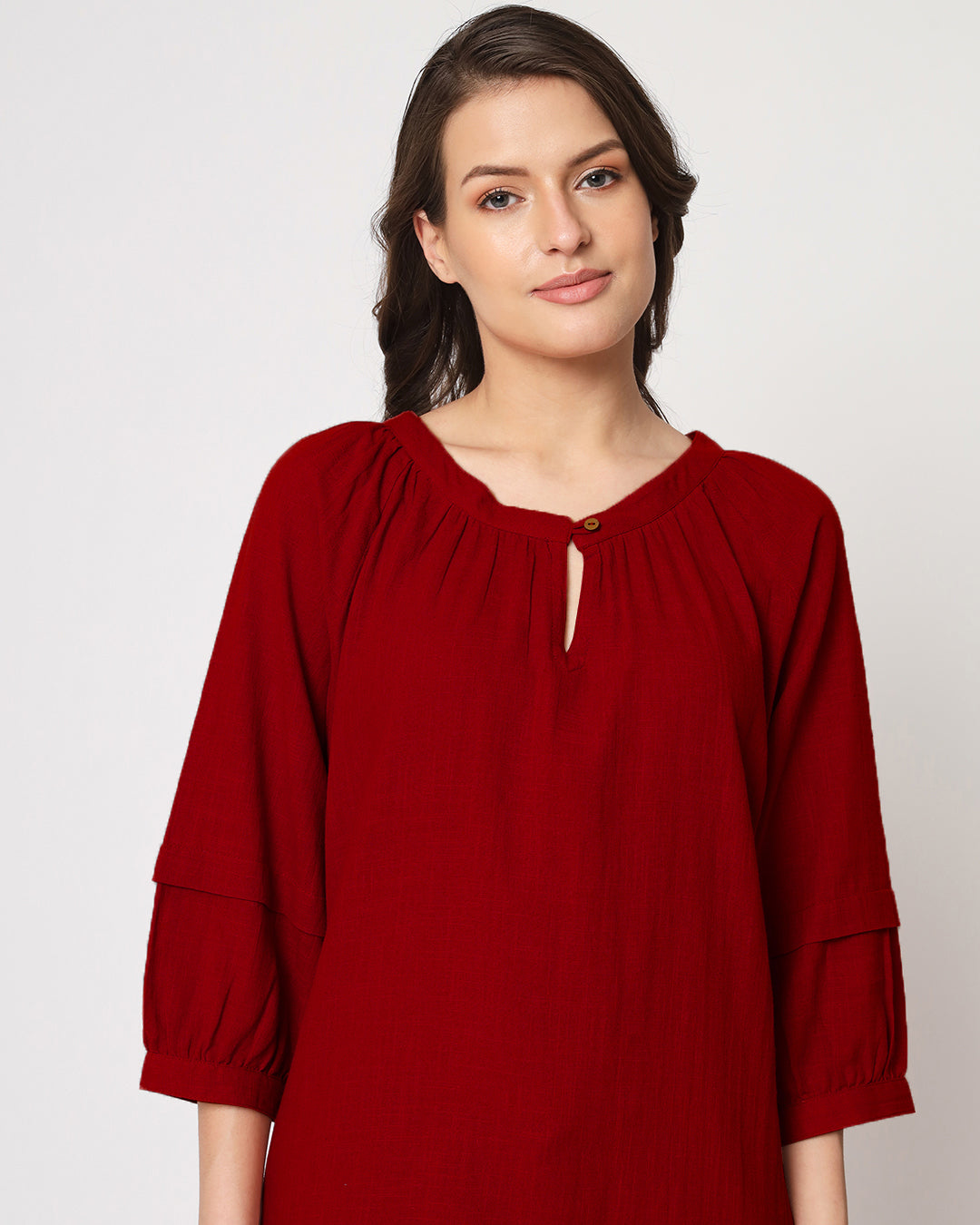 Classic Red Button Neck Solid Top (Without Bottoms)