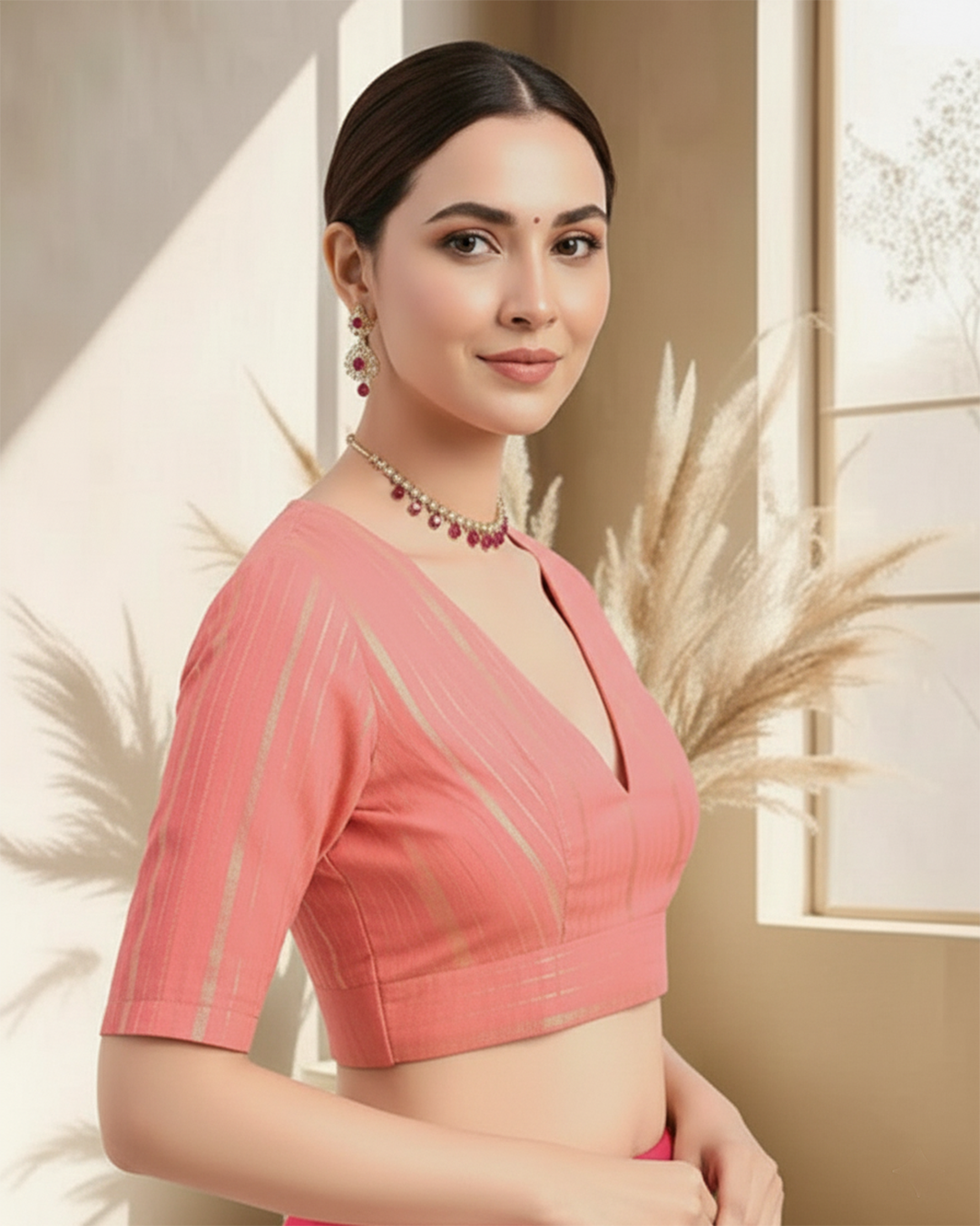 Festive Rosette Pink Golden Stripes Deep V Blouse