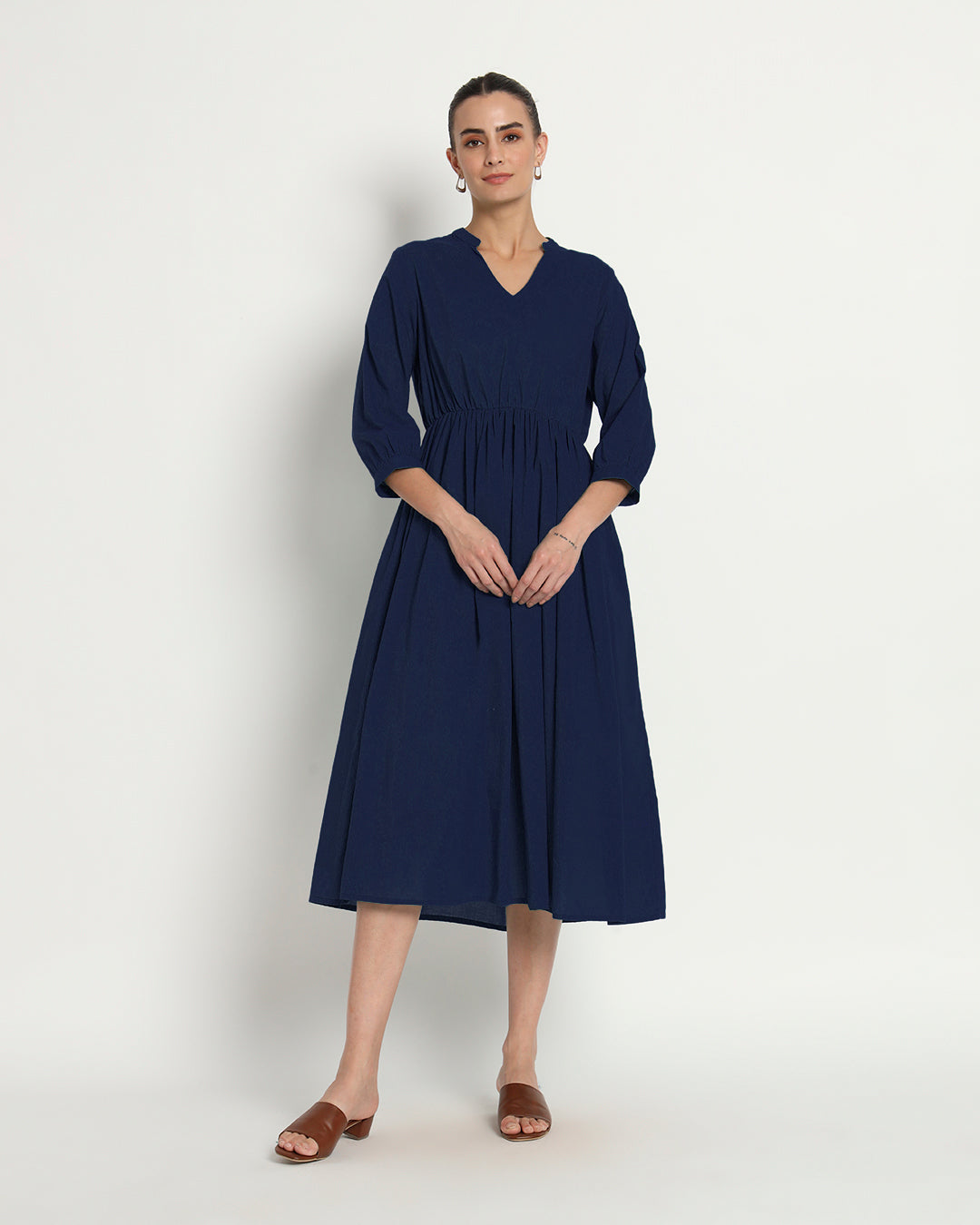 Midnight Blue Gathered V-Neck Stretch Dress