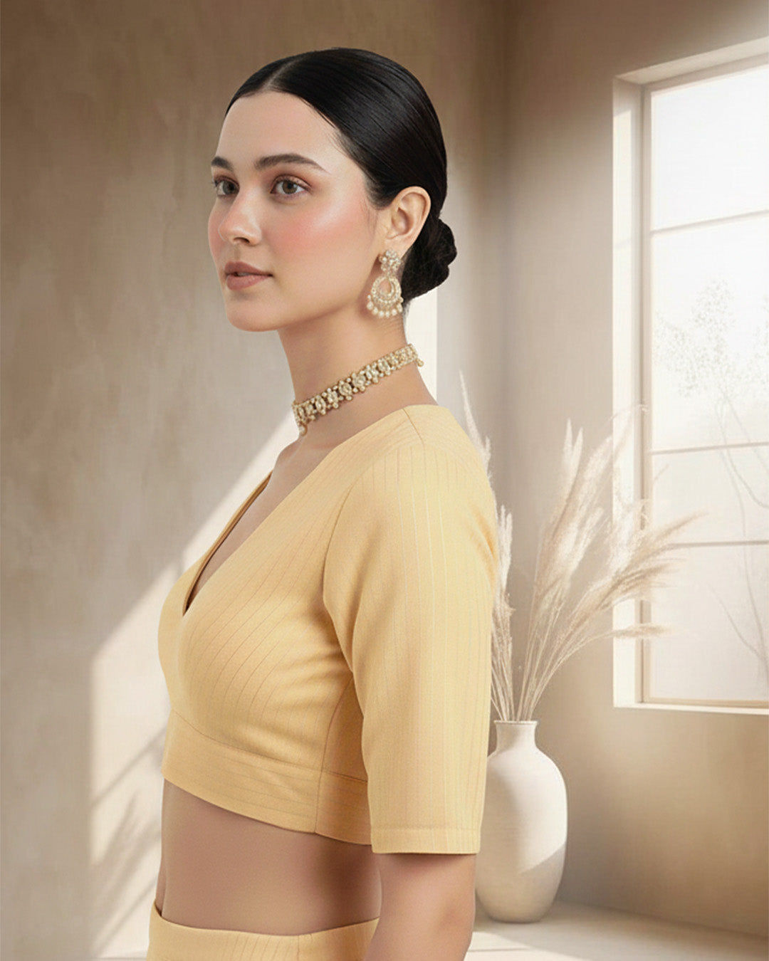 Festive Soft Marigold Stripes Deep V Blouse